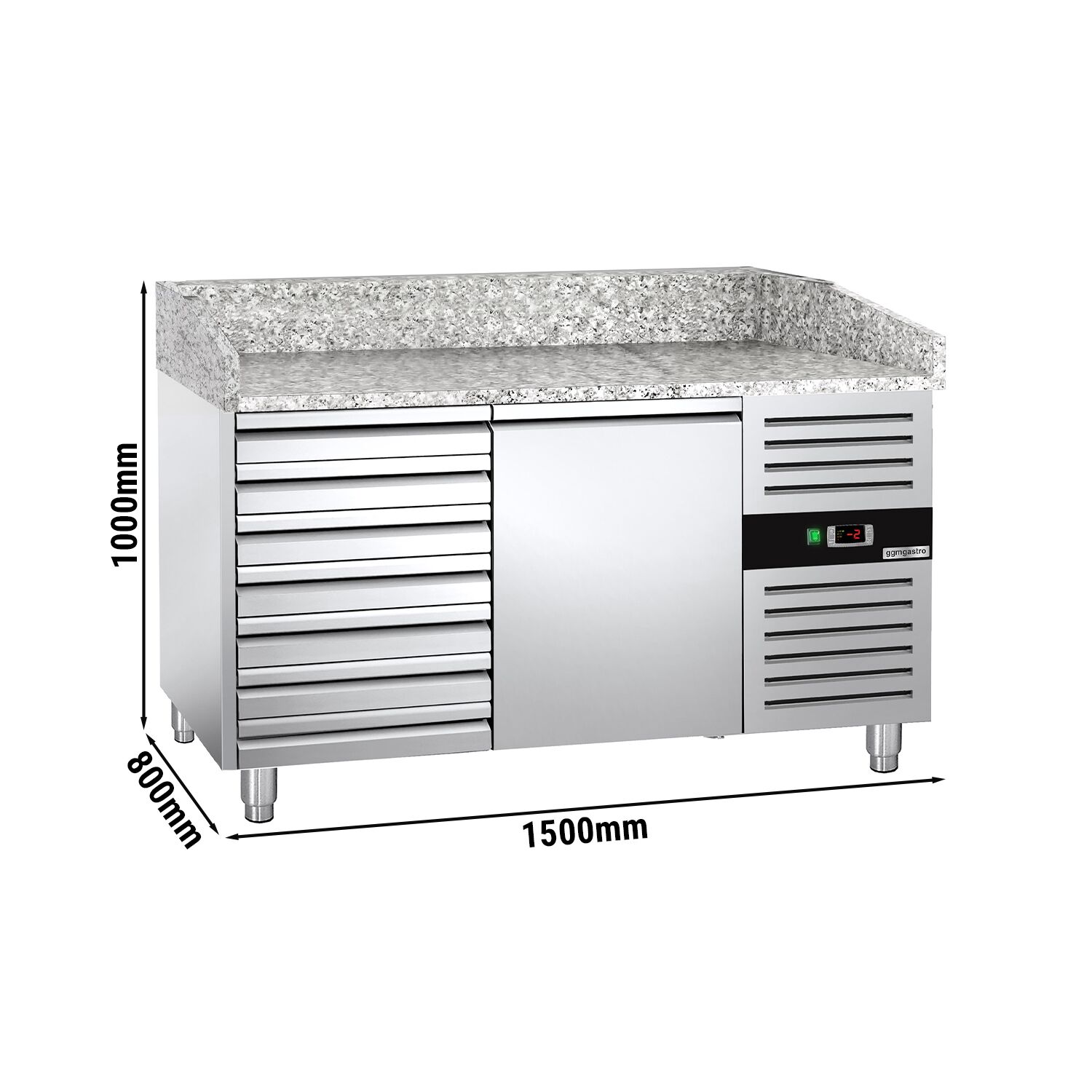 Pizzawerkbank ECO - 1500x800mm - met granieten werkblad - met 1 deur & 7 laden