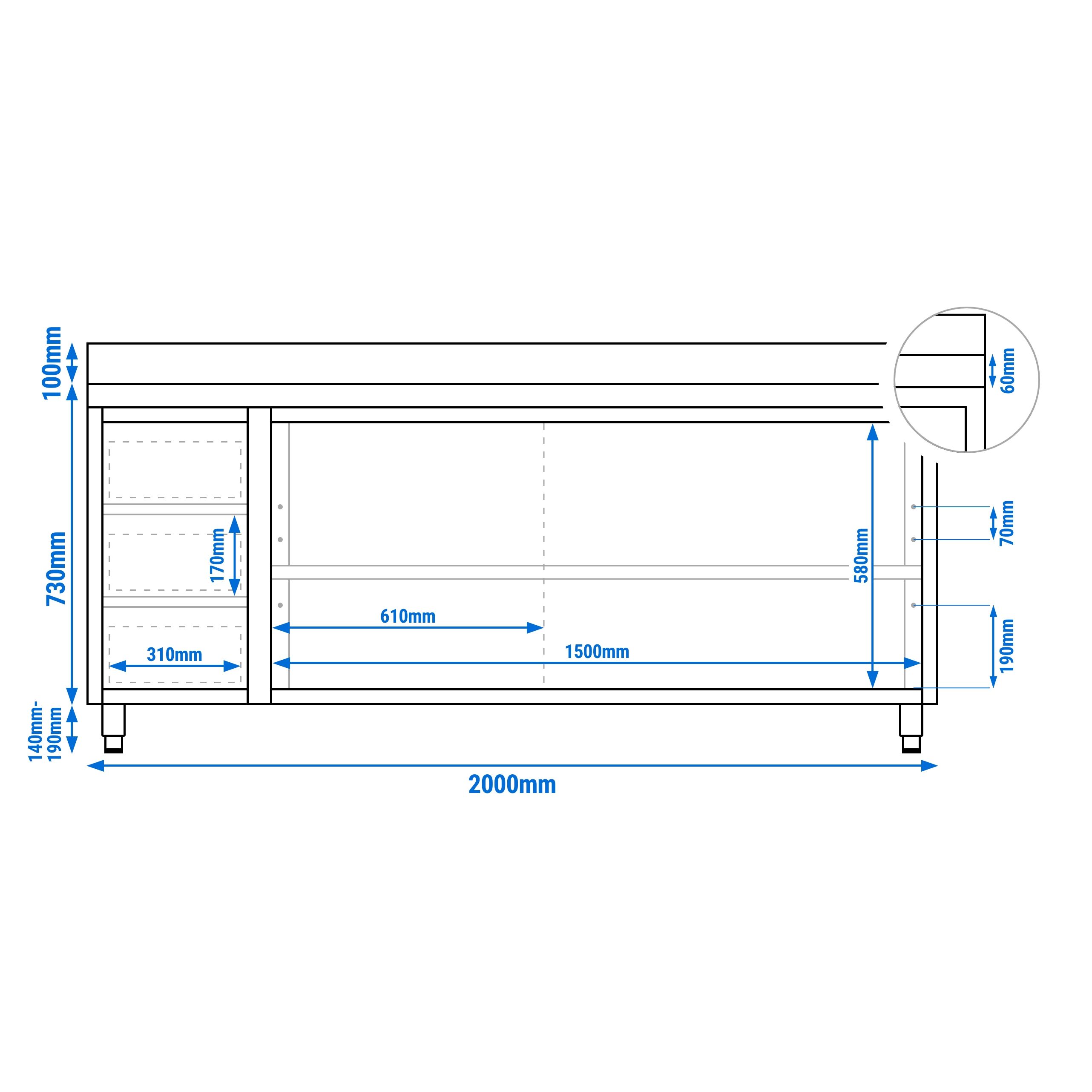 Table armoire en acier inoxydable PREMIUM - 2000x700mm - avec 3 tiroirs à gauche et portes coulissantes et étagère basse - avec dosseret