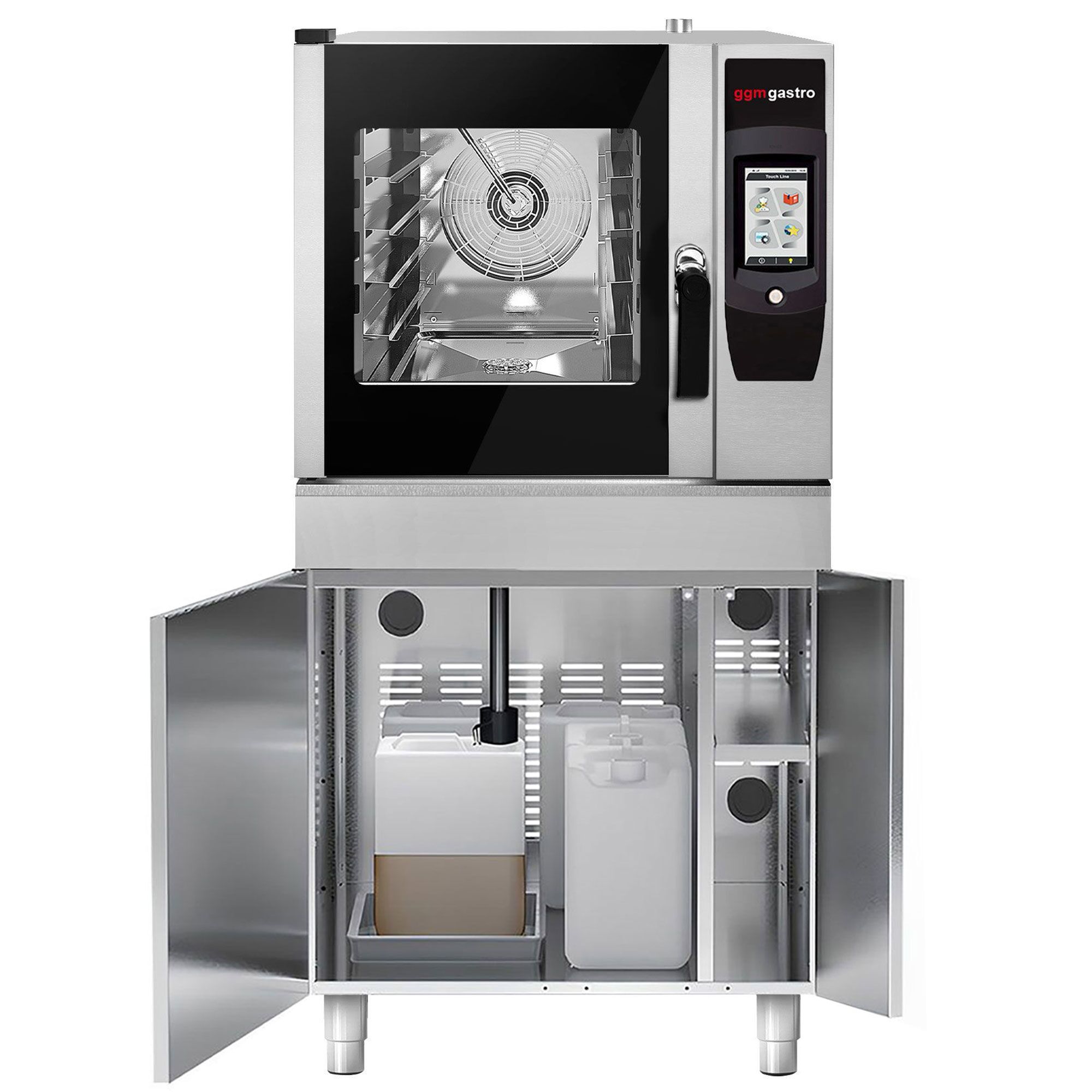 Commercial Combi Steamer - Touch Control – 4× GN 1/1 – with Rotisserie Chicken Grill, Fat Collection System, Base Cabinet, Automatic Wash System & Core Temperature Probe