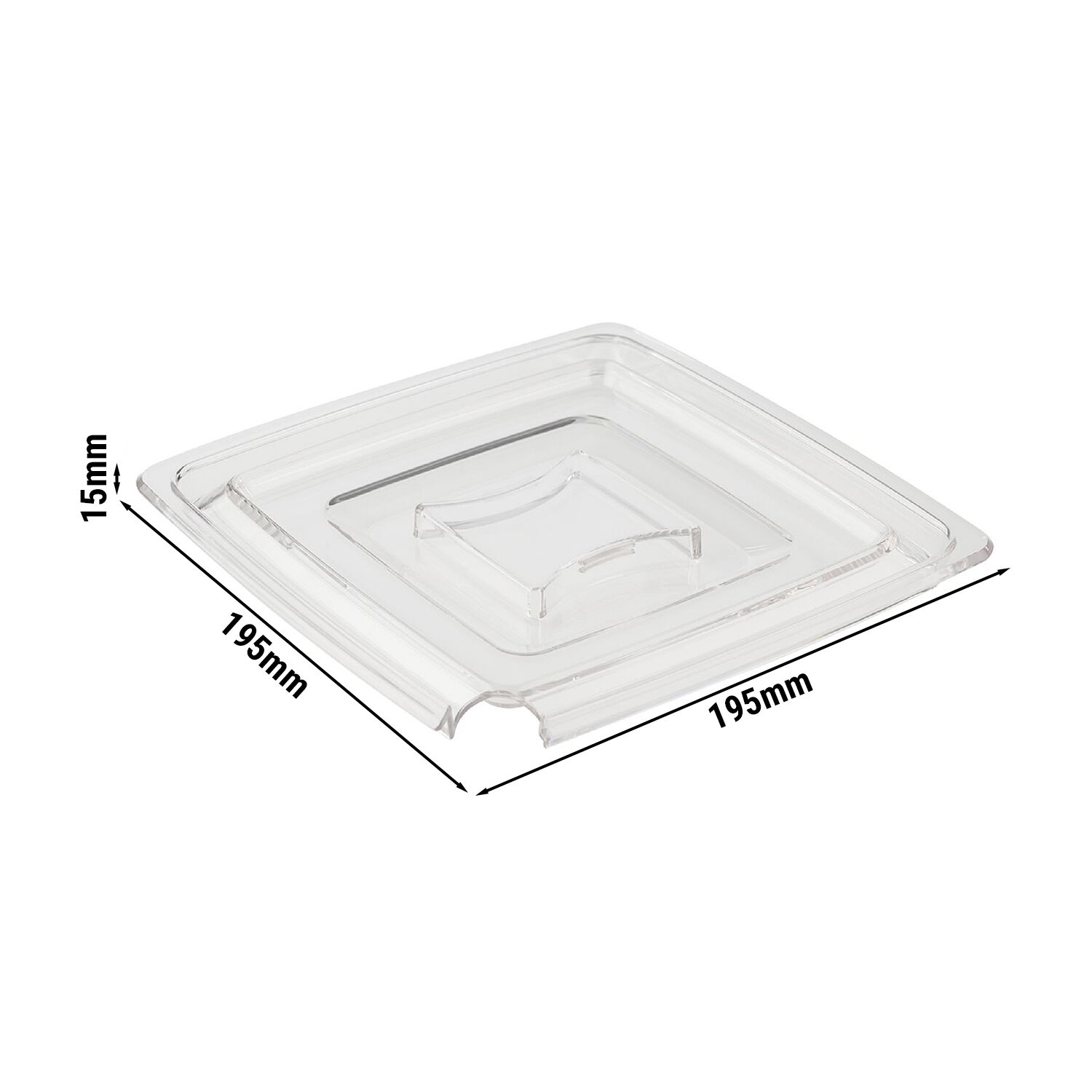 (6 pcs) Couvercle PREMIUM - PURE - avec encoche pour cuillère - Acrylique - 195x195x15mm - Transparent - compatible avec 83409#6, 83468#6, 85260#6 & 85266#6 - Set de 6