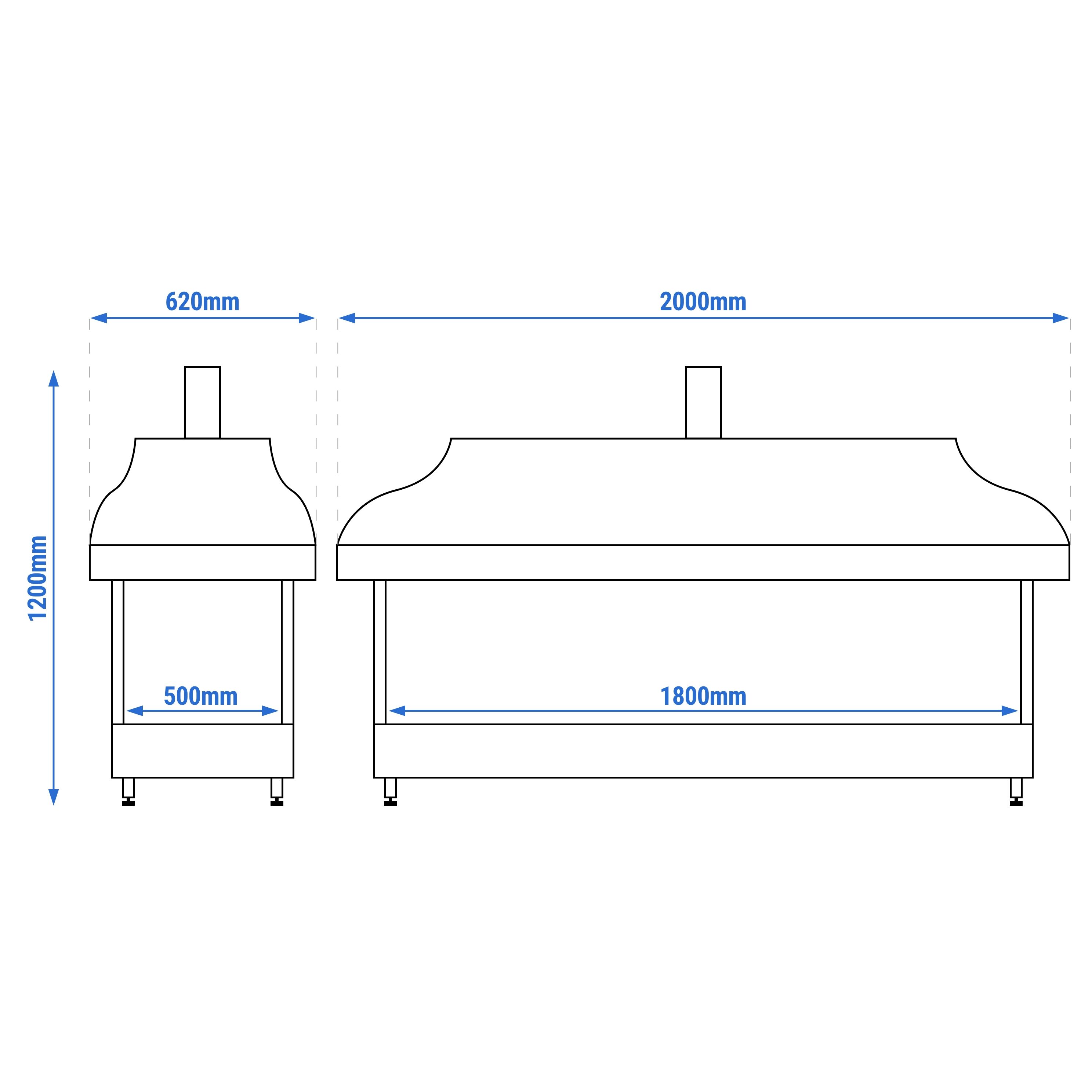 Copper Charcoal Grill - 2000mm - Grill grate: 1800x500mm