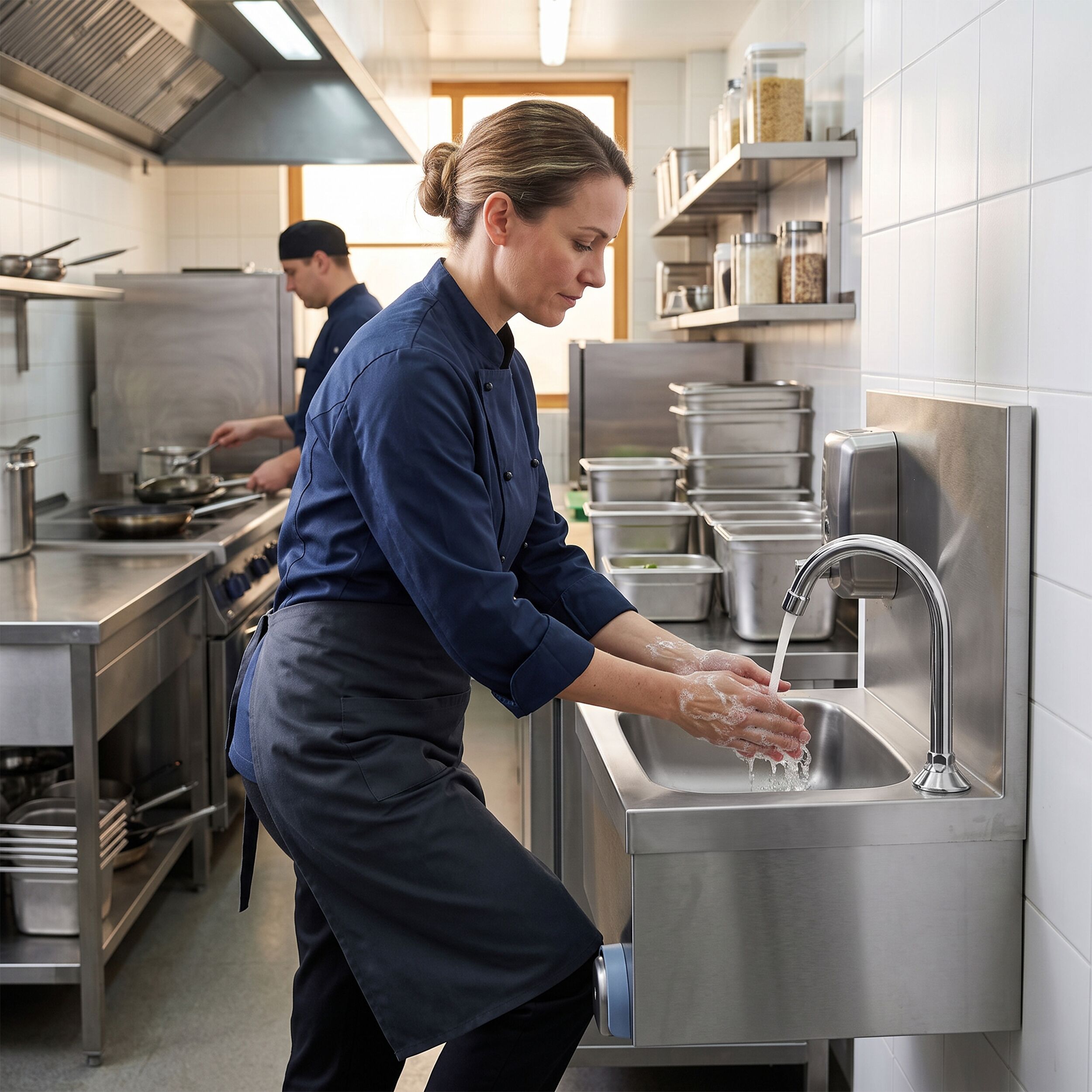 Hand washbasin – with tap, soap dispenser, knee-operated control and high rim
