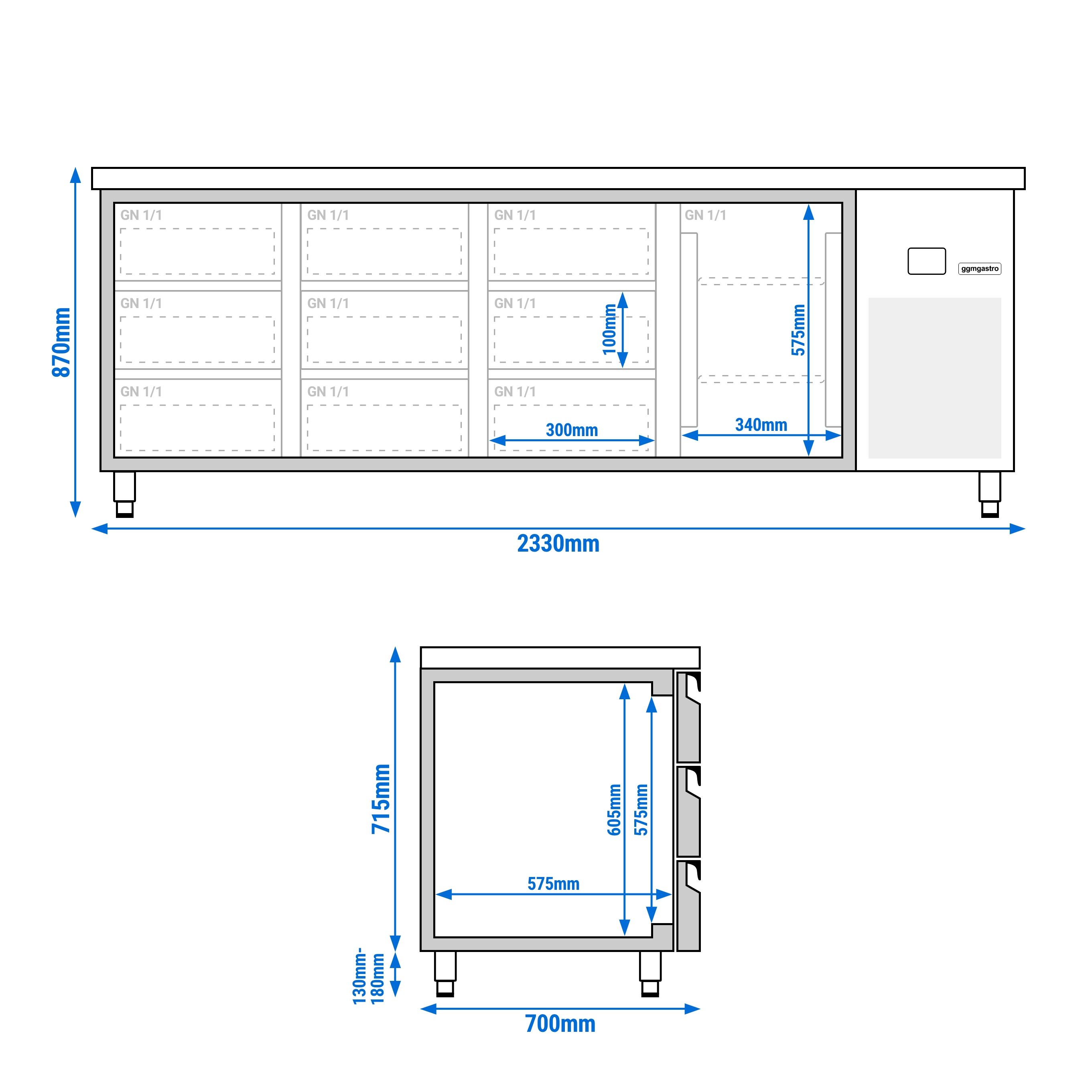 Table réfrigérée PREMIUM - 2330 x 700 mm - avec 1 porte - 9 tiroirs