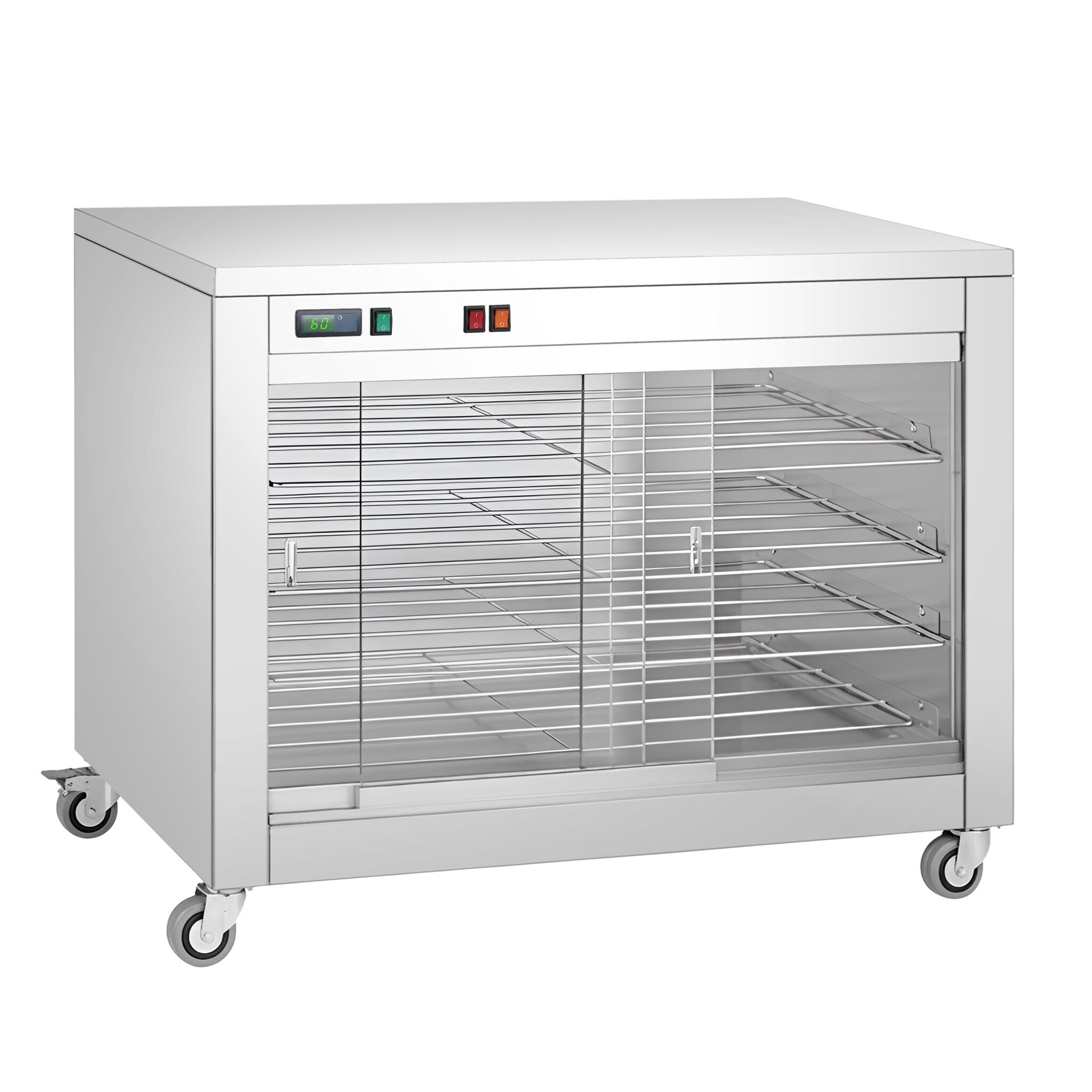 Värmemonter på hjul - 2 kW - med glasskjutdörrar, sluten baksida & 4 hyllor - 1098x480x790 mm