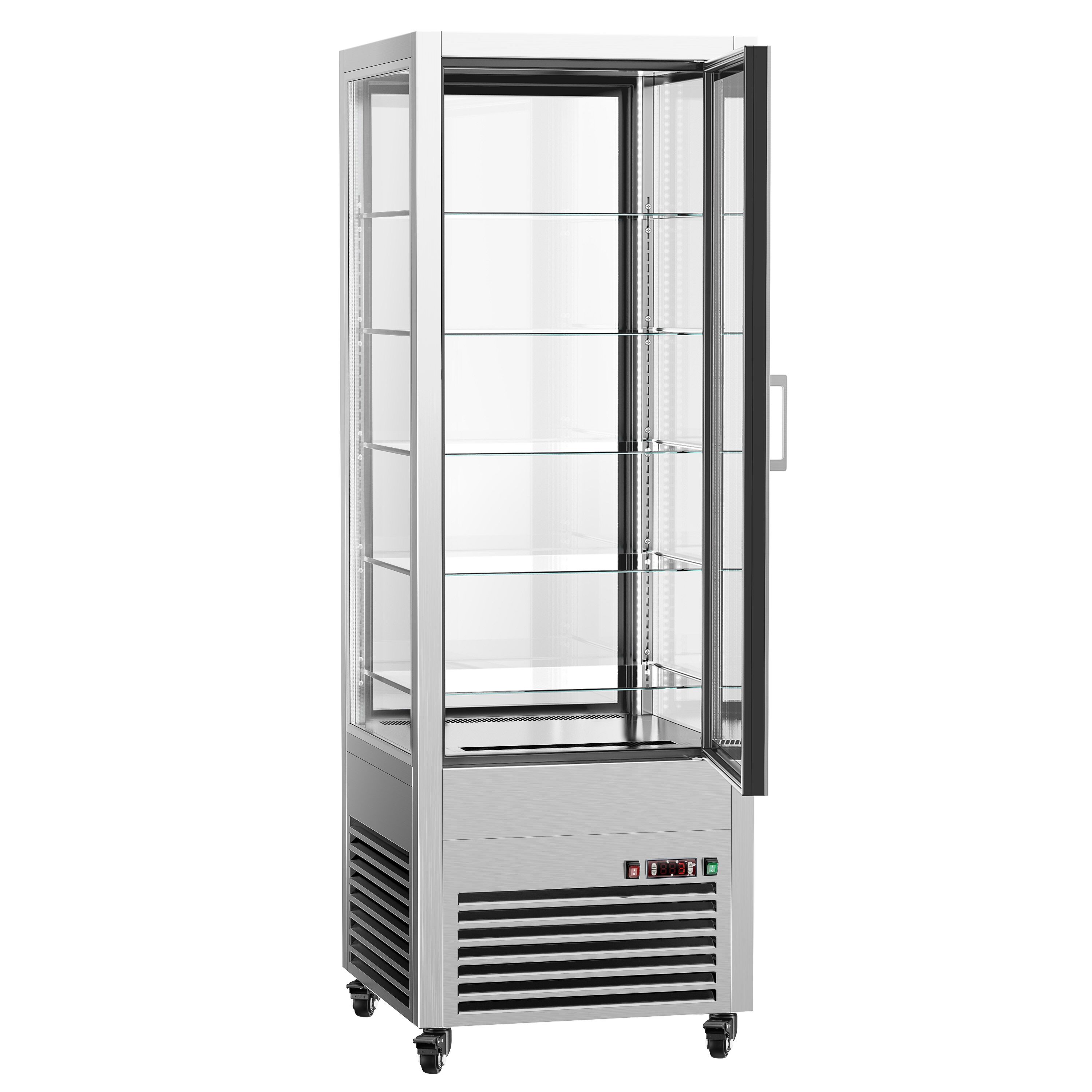 Vitrine réfrigérée 4 faces vitrées / Vitrine panoramique – 440 litres – 2 portes en verre – 5 étagères – Argent