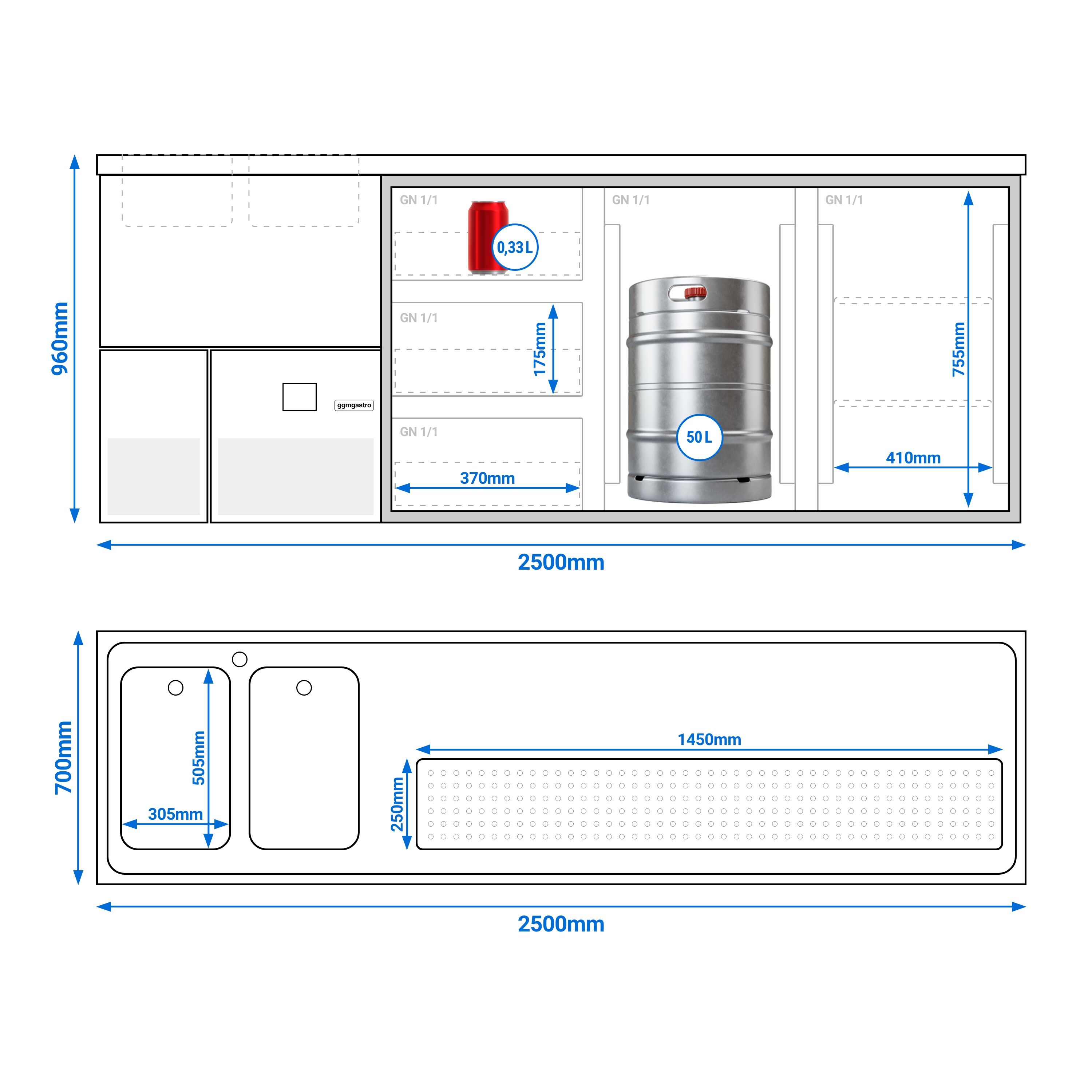 Comptoir de bar réfrigéré PREMIUM - 2500x700mm - 2 portes vitrées & 3 tiroirs en verre