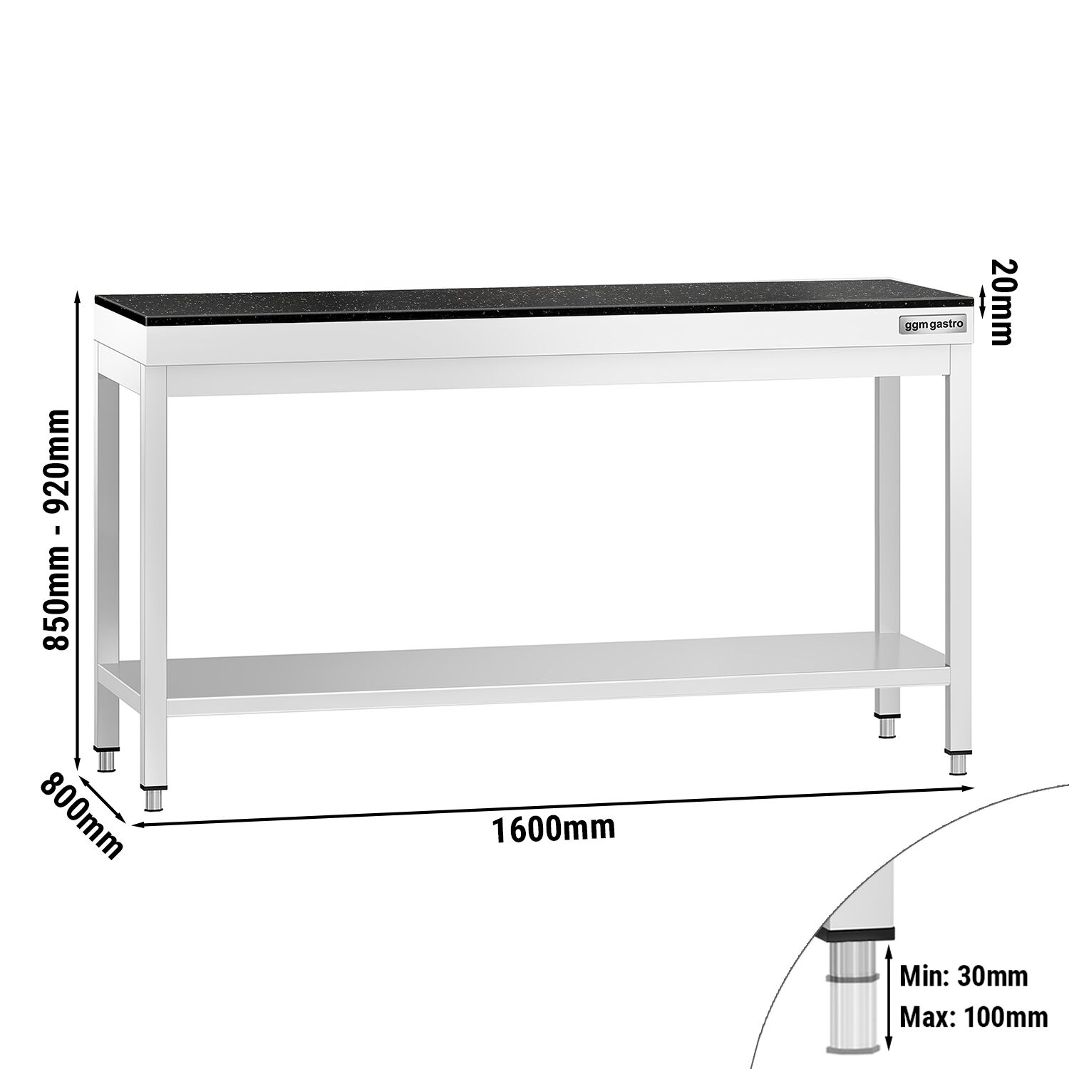Table de travail inox PREMIUM - 1600 x 800 mm - avec tablette inférieure - incl. Plan de travail en Granit