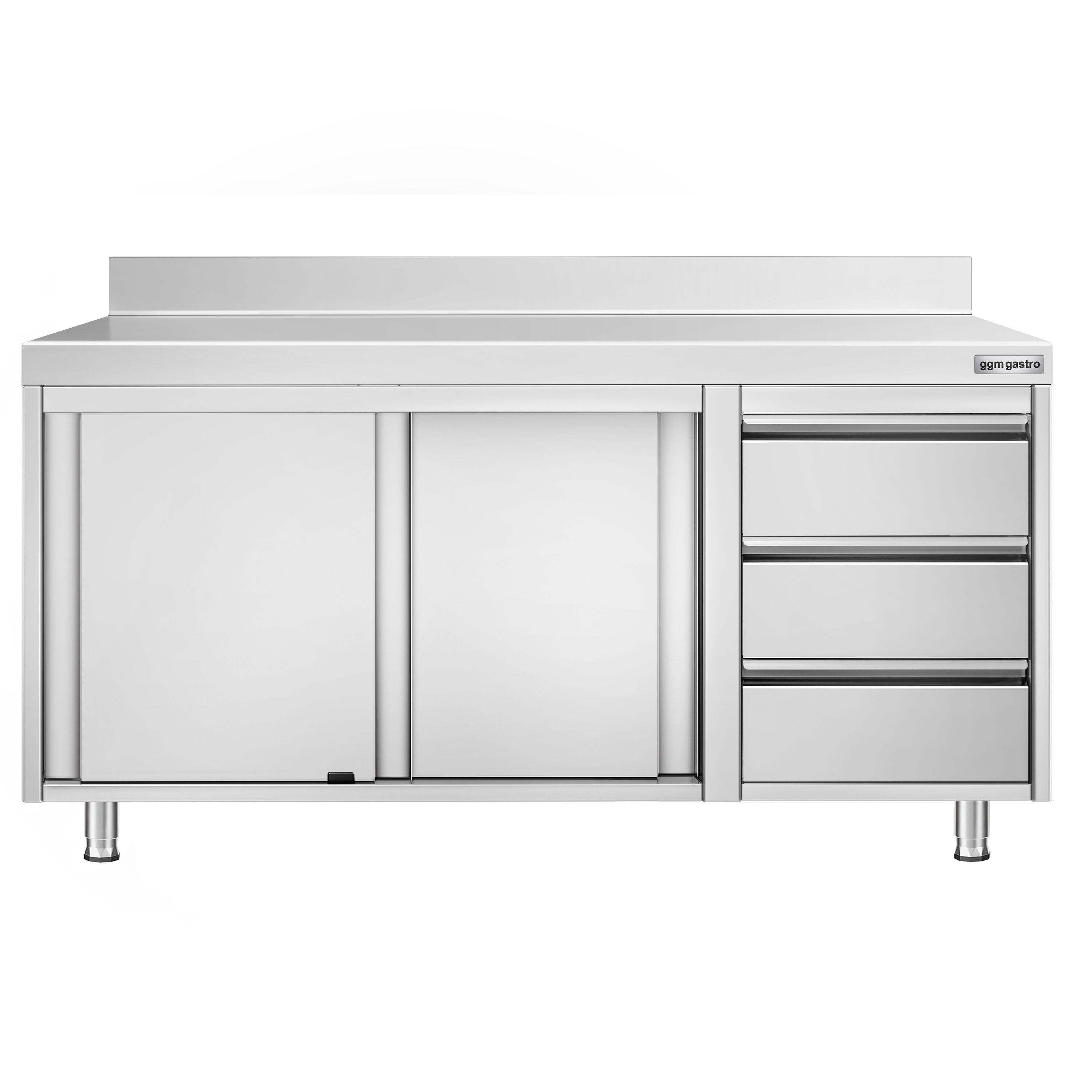 Table armoire en acier inoxydable PREMIUM - 1600x600mm - avec 3 tiroirs à droite et portes coulissantes - avec dosseret