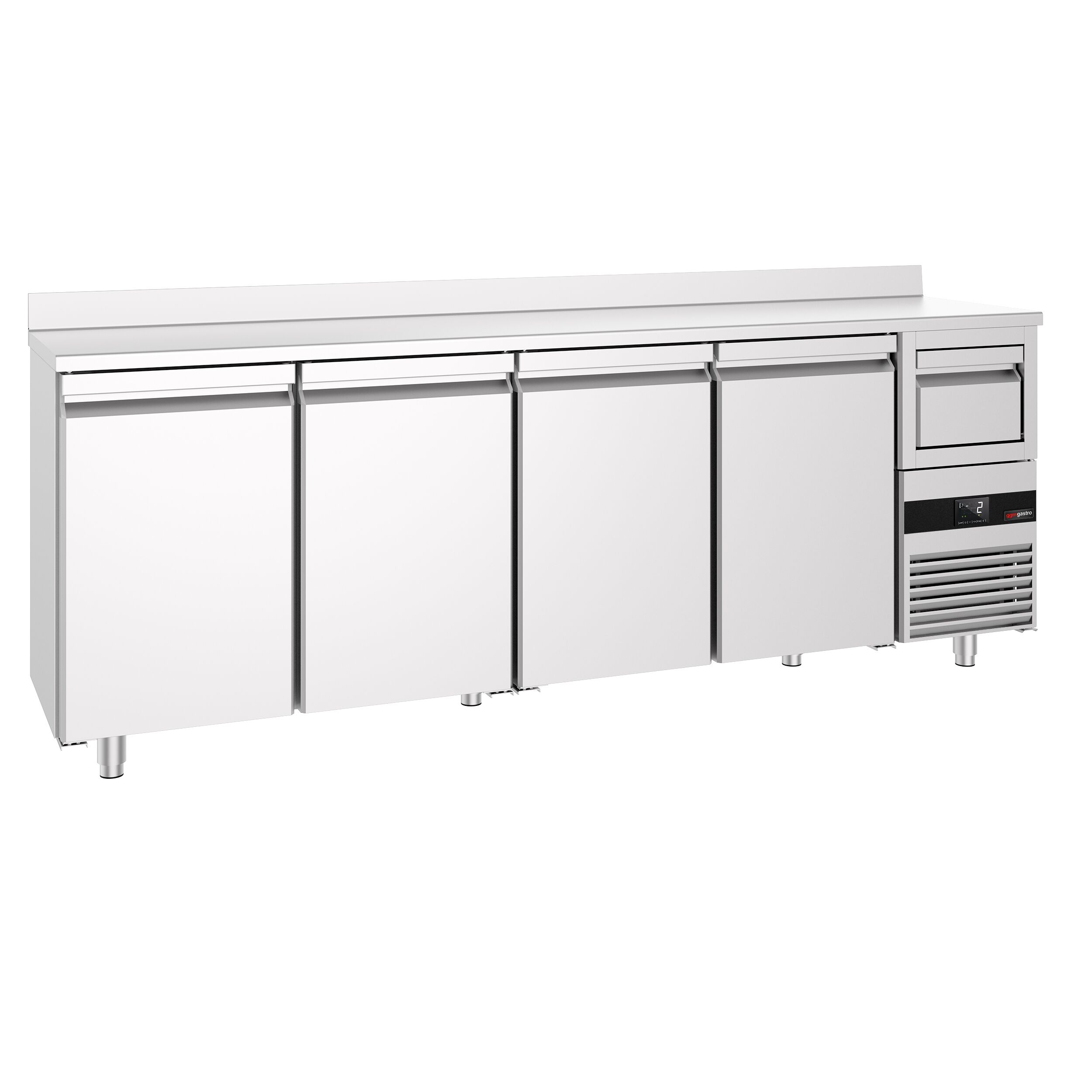 Arrière-bar réfrigéré professionnel  PREMIUM - 2690 x 600 mm - avec 4 portes - avec dosseret - avec tiroir à marc de café