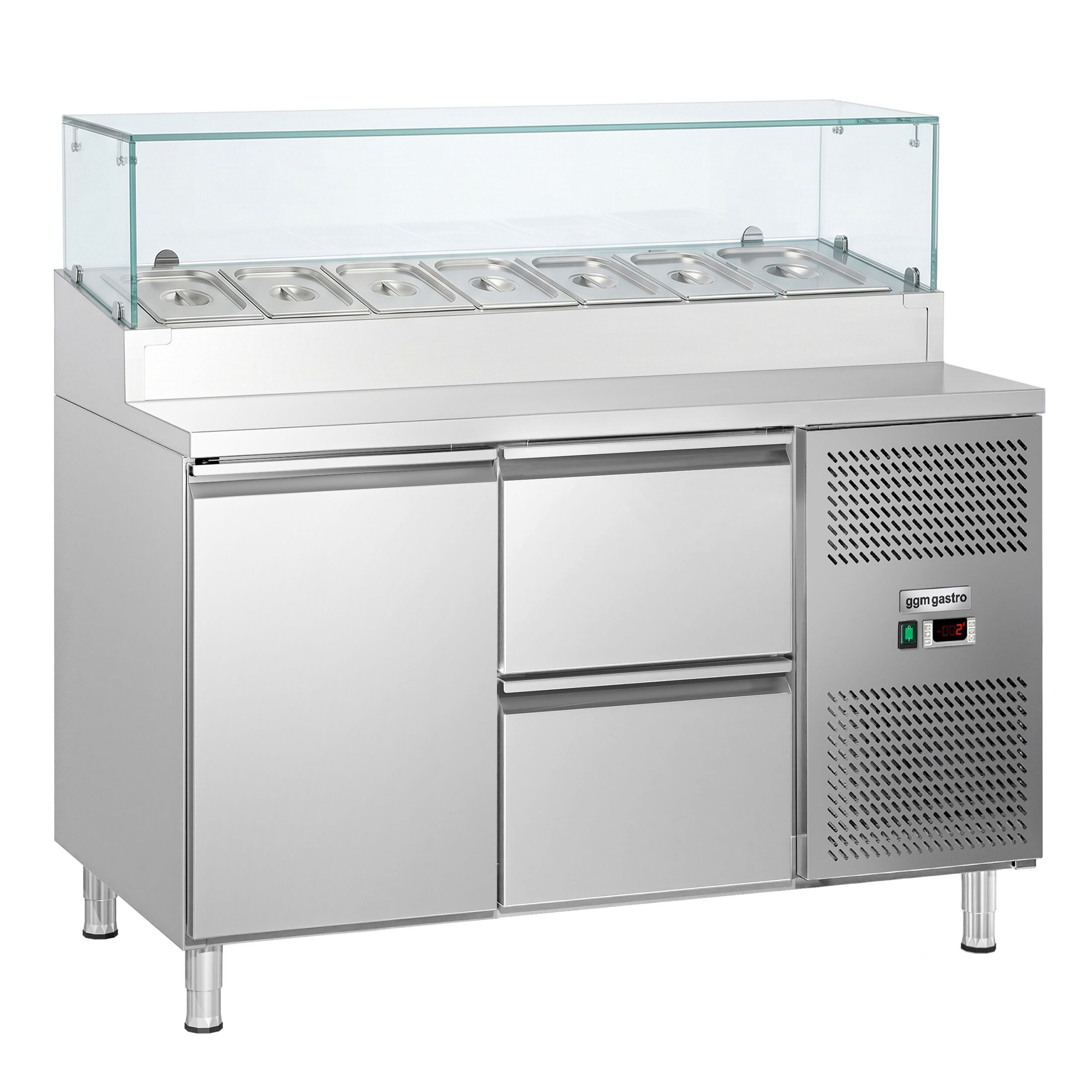 Zubereitungstisch ECO - 1360mm - 1 Tür & 2 Schubladen - mit Glasaufsatz - für 7x GN 1/3