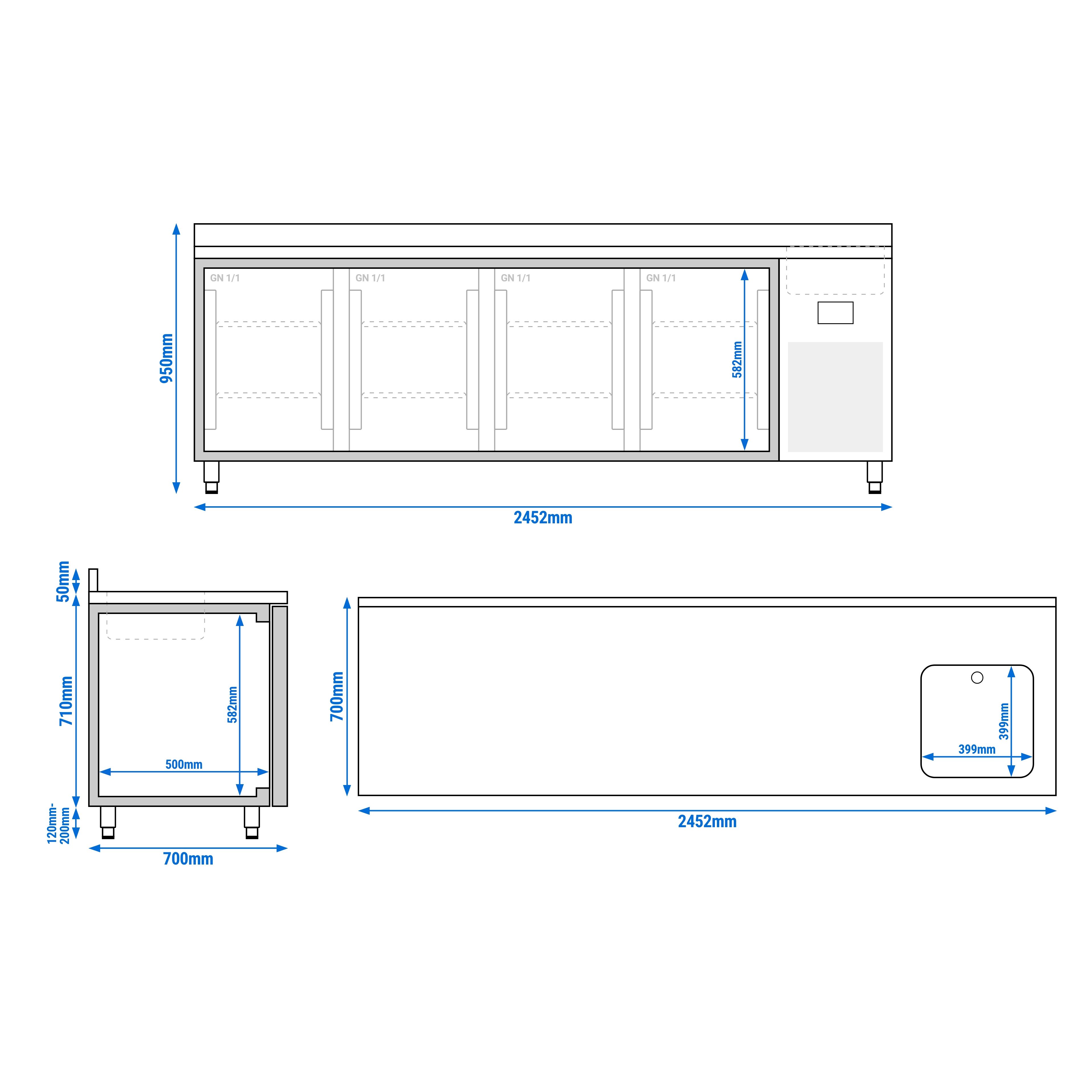 Table réfrigérée Premium PLUS - 2452x700 mm - avec 1 bac, 4 portes - avec dosseret