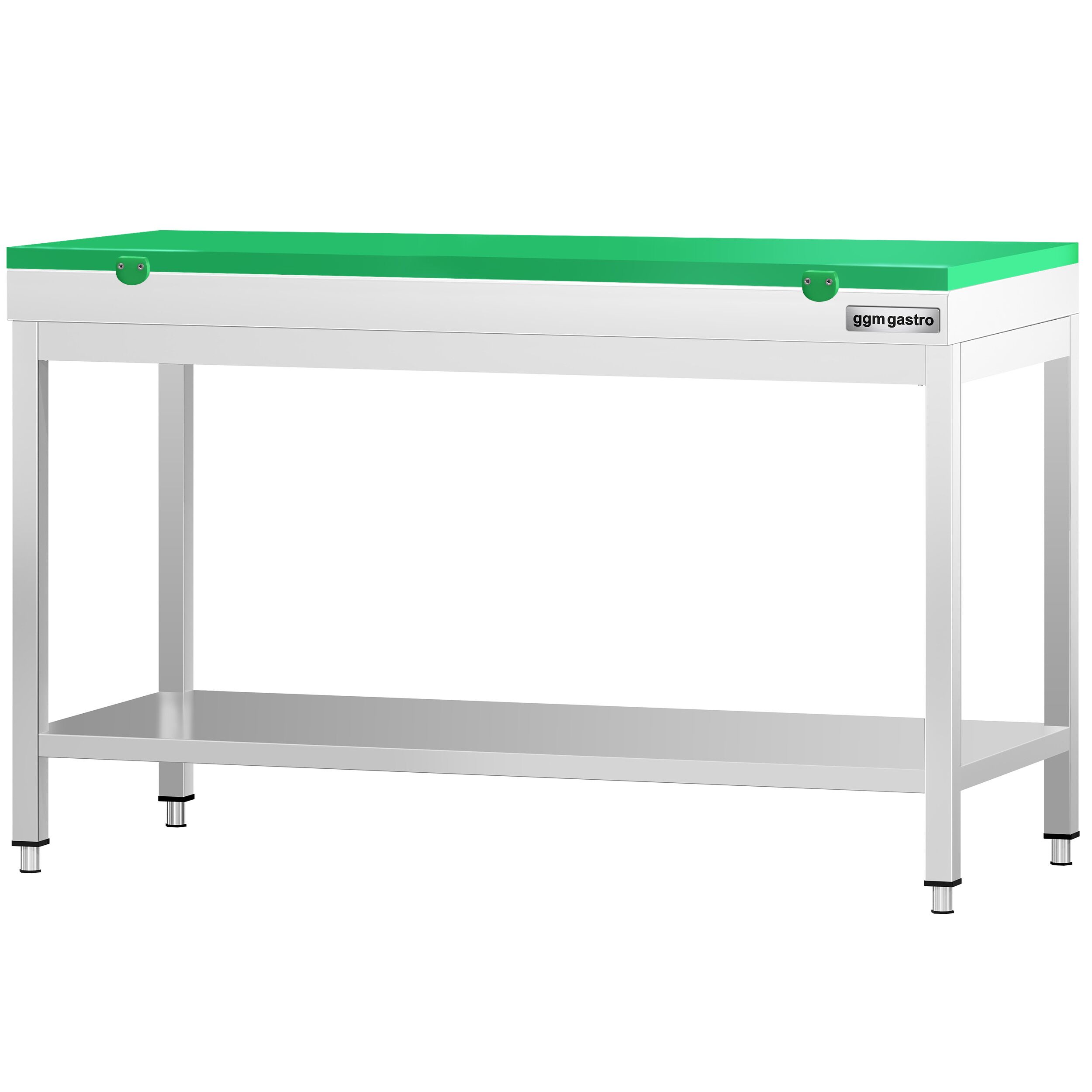 Table de travail inox PREMIUM - 1400 x 700 mm - avec tablette inférieure - incl. Planche à découper Verte