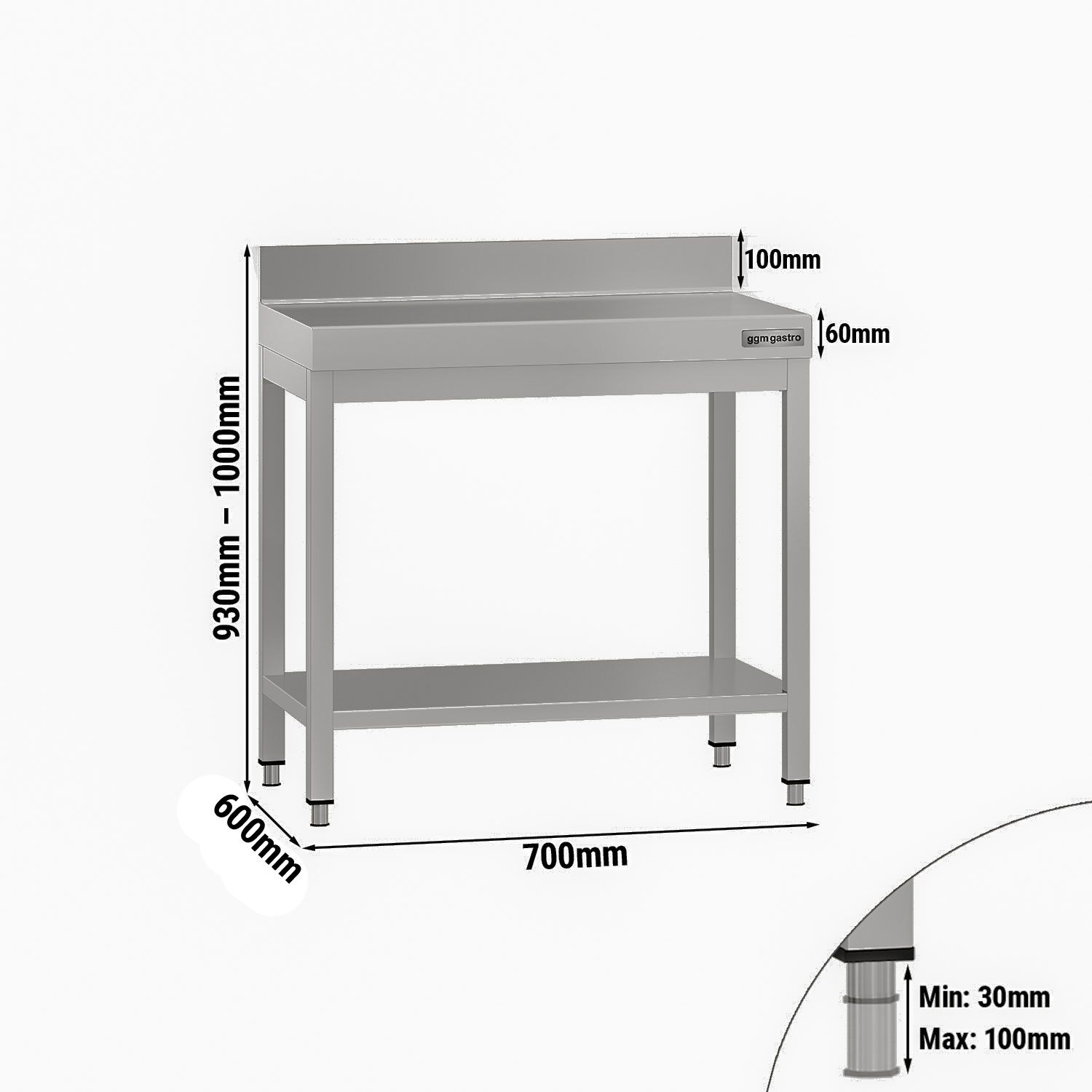 Table de travail en inox ECO – 700 × 600 mm – avec tablette inférieure & dosseret