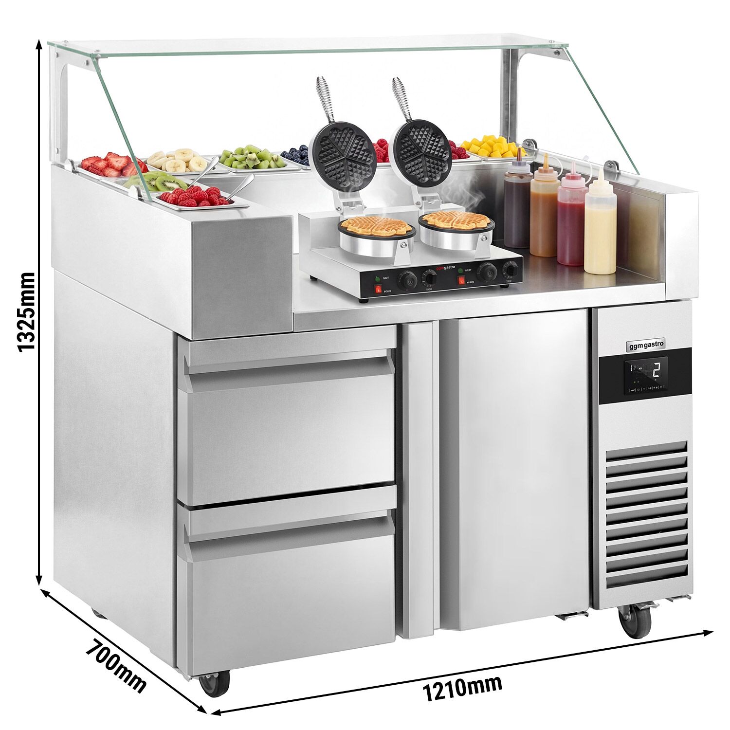 Table de préparation – 1210 mm – 1 porte & 2 tiroirs – pour 9× GN 1/6 – incl. gaufrier – Forme cœur
