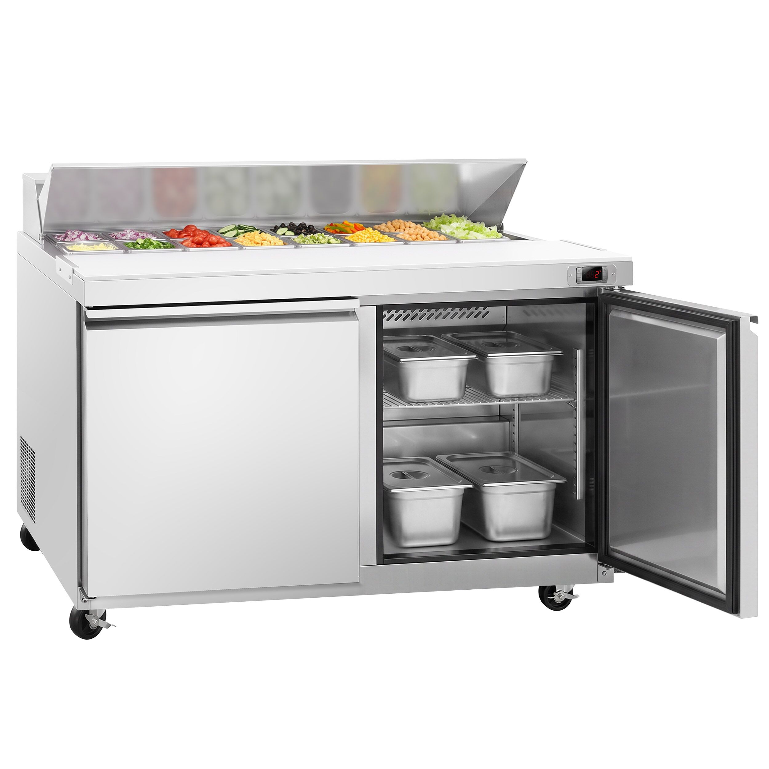Commercial Saladette Counter American Style PREMIUM - 1555mm - 1670L - 2 doors - open top for 16 x GN 1/6 & stainless steel hinged lid - incl. 16x GN 1/6 pans