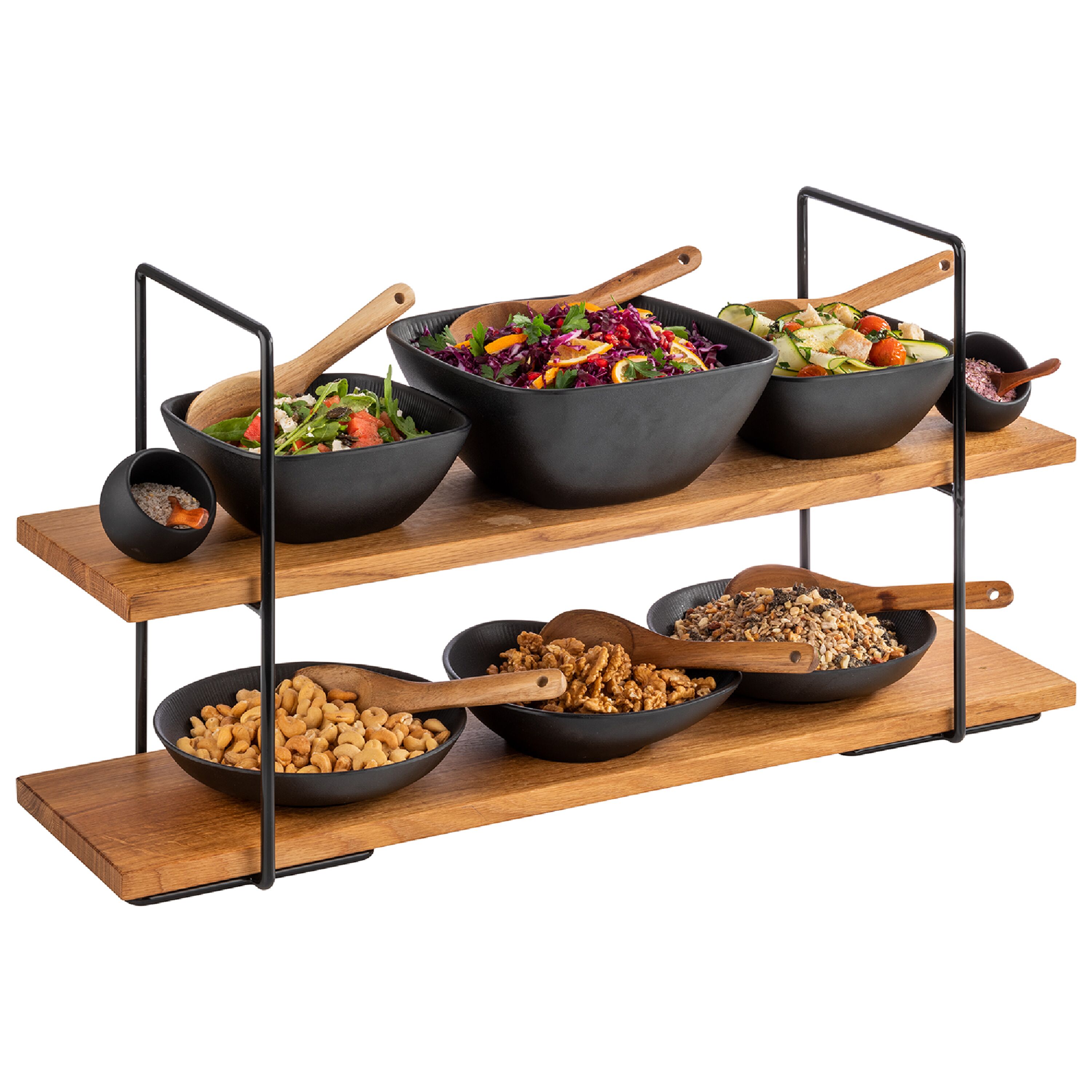 Présentoir buffet - 2 niveaux - PERFECTO LARGE - Rectangulaire - Structure en métal - Plateaux en chêne/bois