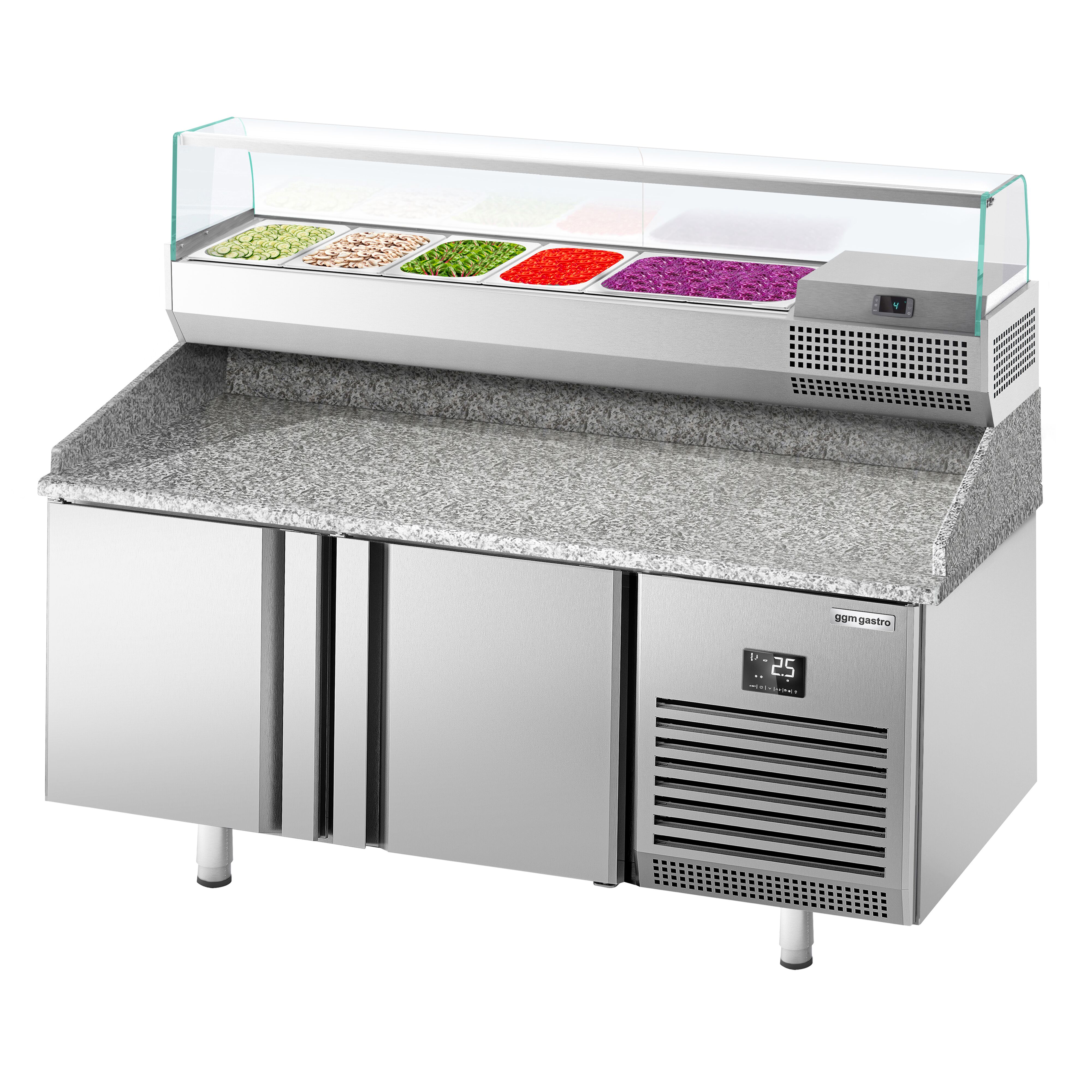 Table réfrigérée à pizza Premium PLUS - 1783 x 800 mm - avec 2 portes - incl. vitrine réfrigérée de présentation - 6x GN 1/3