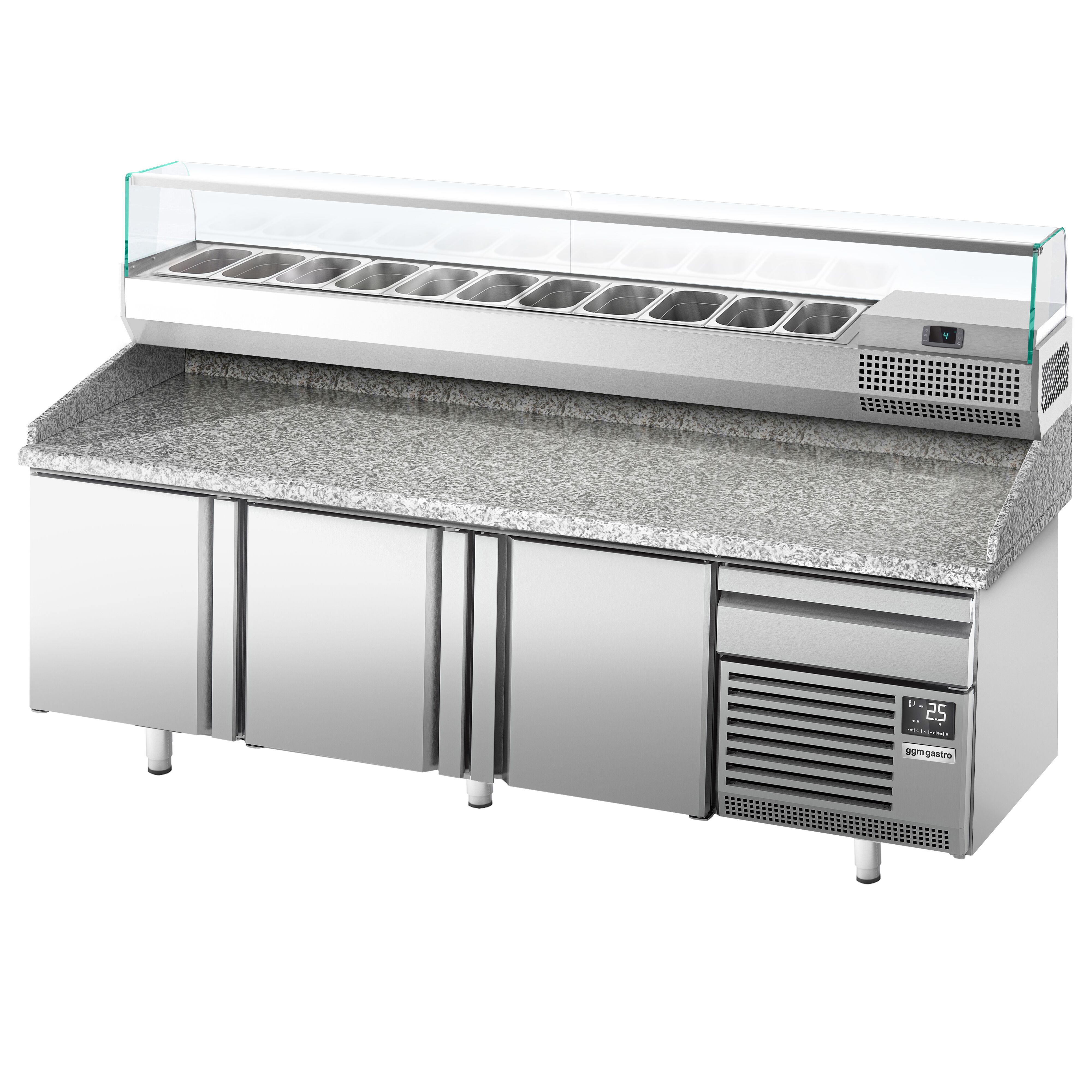 Table réfrigérée à pizza Premium PLUS - 2305x800 mm - avec 3 portes & 1 tiroir - incl. vitrine réfrigérée - 11x GN 1/4