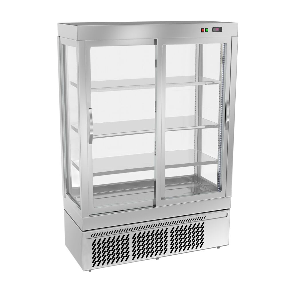 4-Sided Glass Display Fridge - 855L - 1320mm - Double glazing - square - with 3 glass shelves - 2 sliding glass doors - Silver