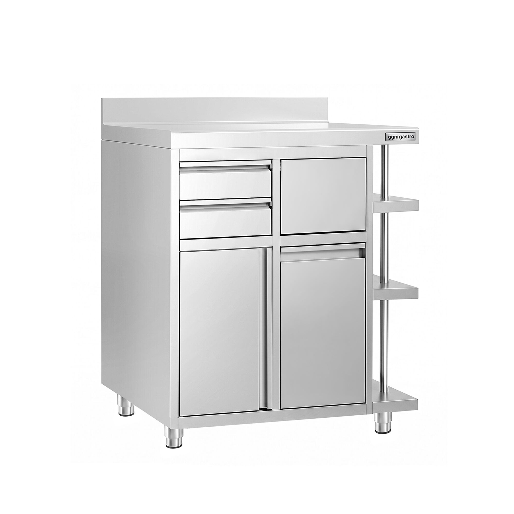 Arbetsskåp – för kaffebryggare – 1000 x 600 mm – med 1 svängdörr, 2 lådor, papperskorg, 3 hyllor och upphöjd kant