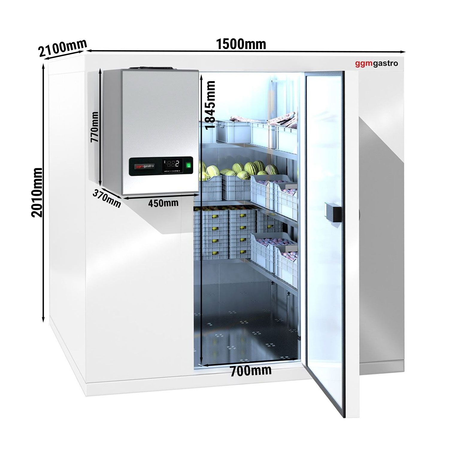 Chambre froide - 1500 x 2100 mm - 4,8 m³ - groupe frigorifique inclus