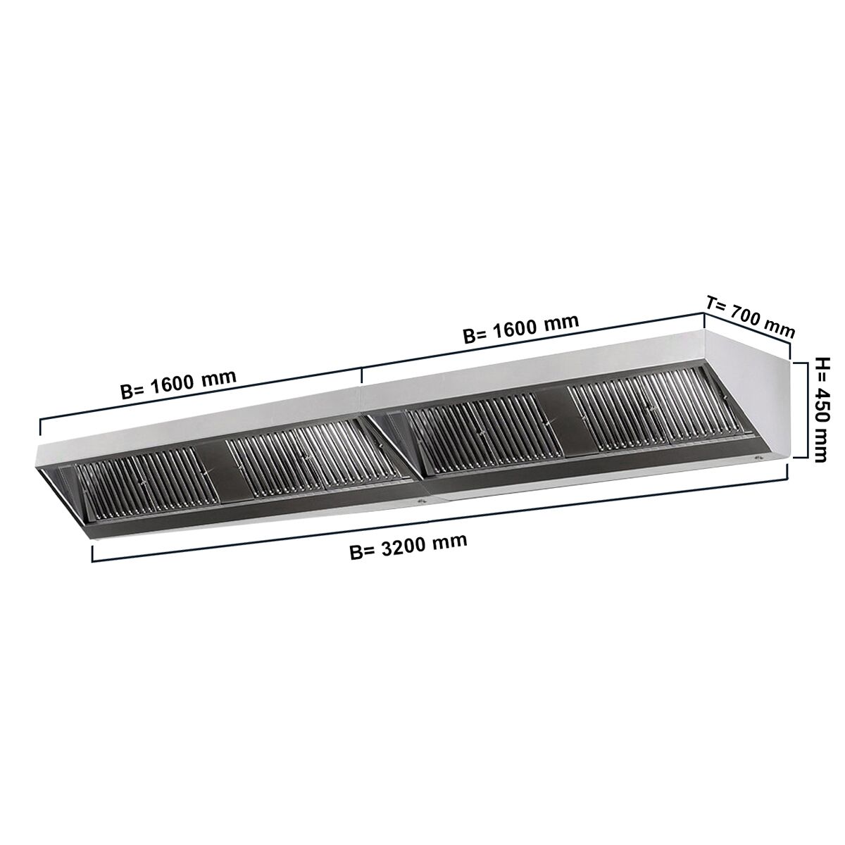 Hotte murale – 3200 mm – avec filtre & lampe