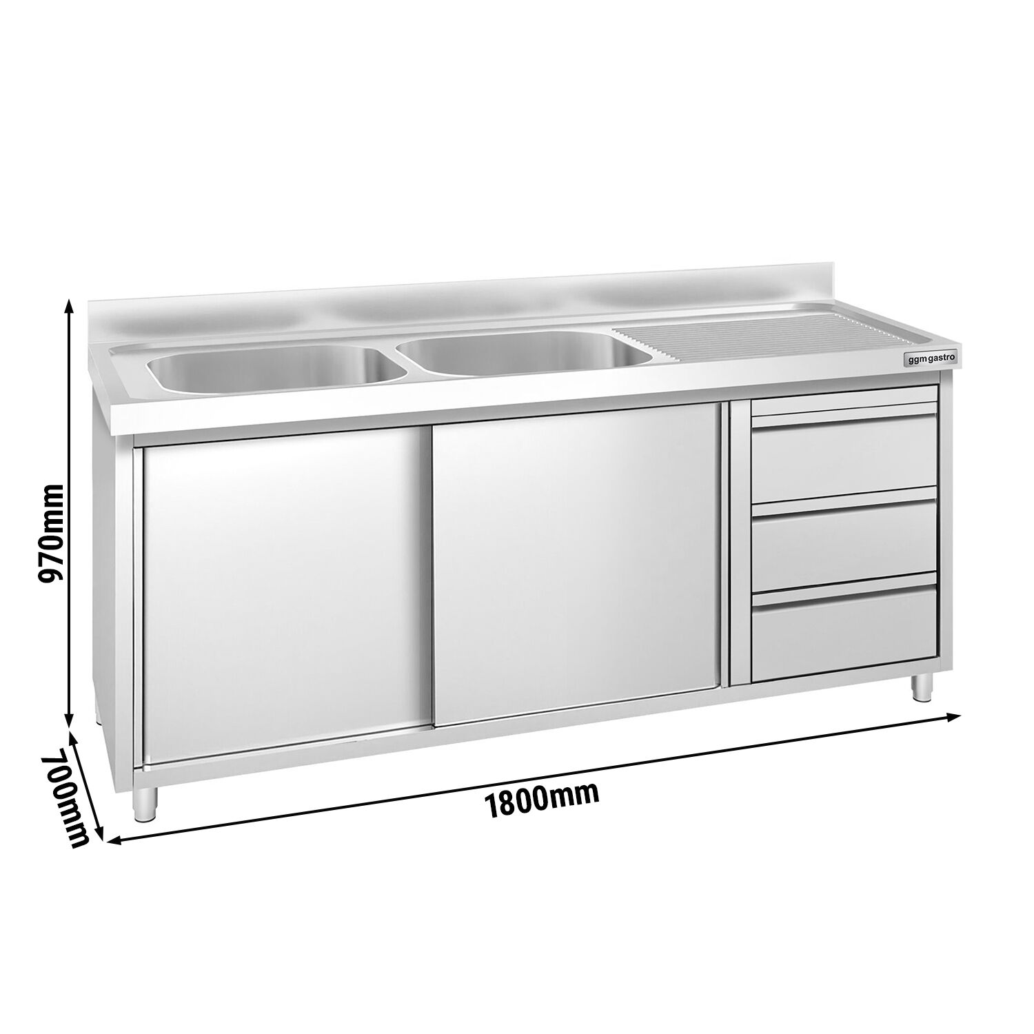Meuble plonge PREMIUM - 1800x700mm - 2 bacs - 3 tiroirs