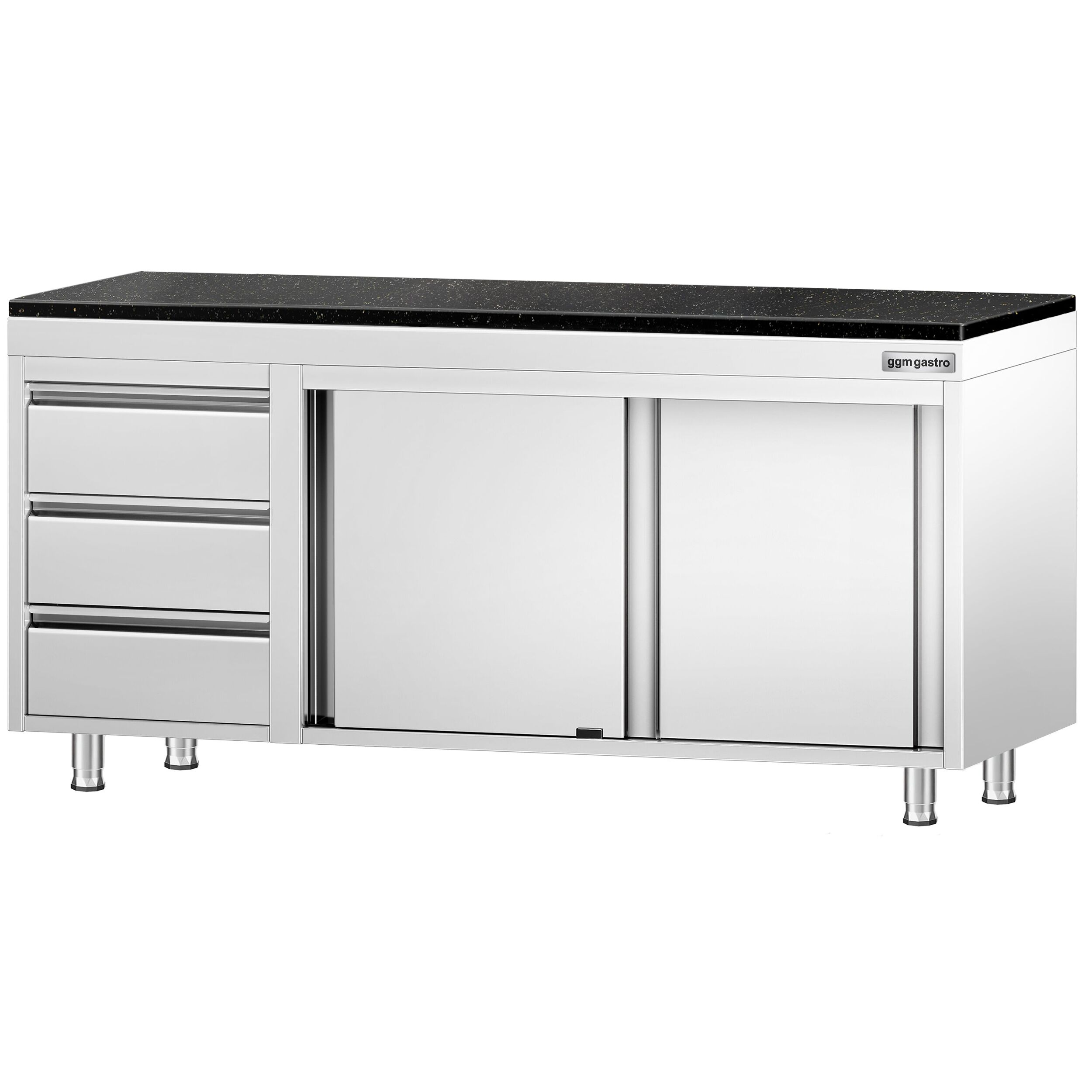 Roestvrijstalen werkkast PREMIUM - 1800 x 700 mm - met 3 lades links - incl. granieten werkblad