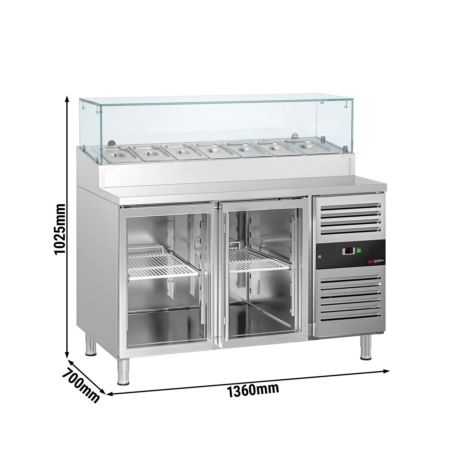 Zubereitungstisch PREMIUM - 1360mm - 2 Glastüren - mit Glasaufsatz - für 7x GN 1/3