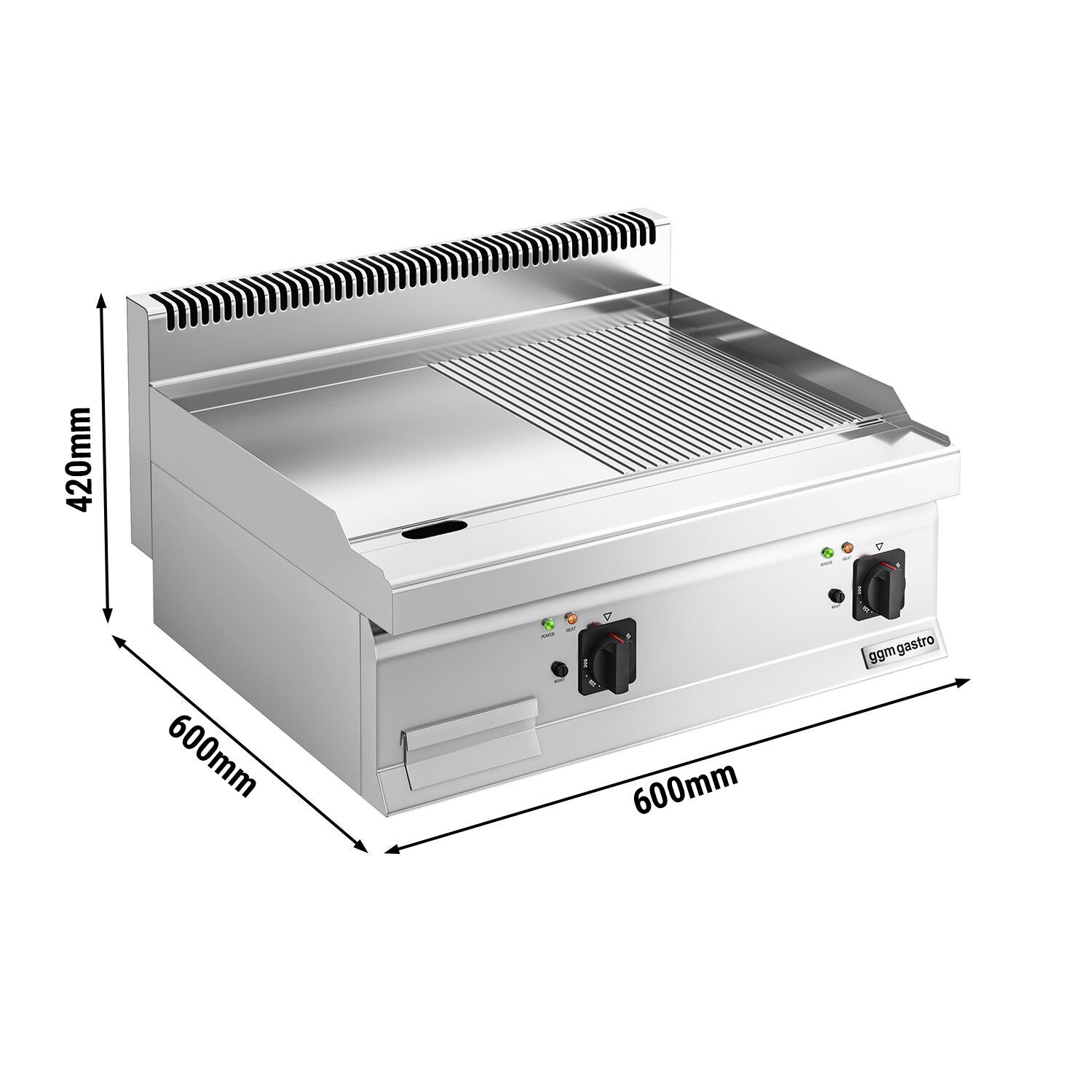 Plancha électrique - plaque acier - 2 zones - 9,0 kW - 1/2 lisse, 1/2 rainurée - Surface de cuisson : 595x500mm