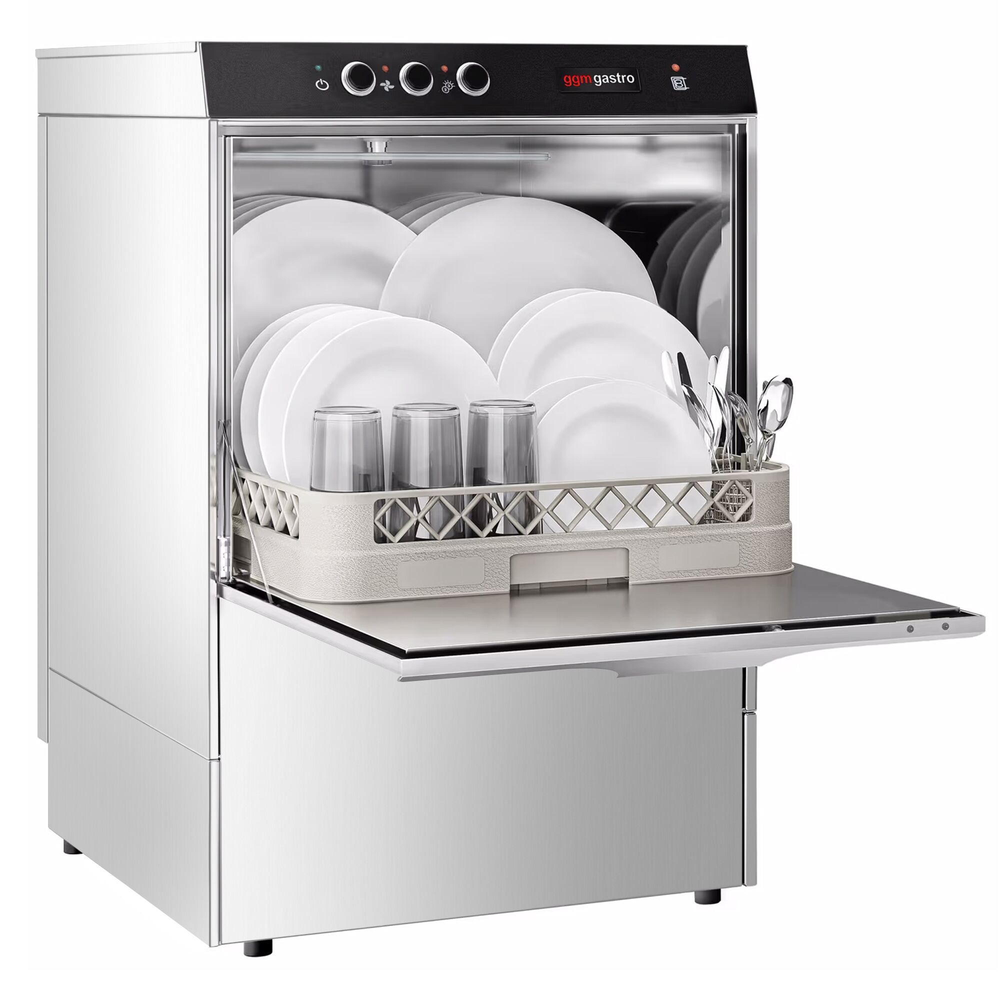 Lave-vaisselle professionnel frontal - Panier 50x50cm - Commandes mécaniques - 4,9kW - avec pompe de vidange + pompes doseuses détergent et liquide de rinçage