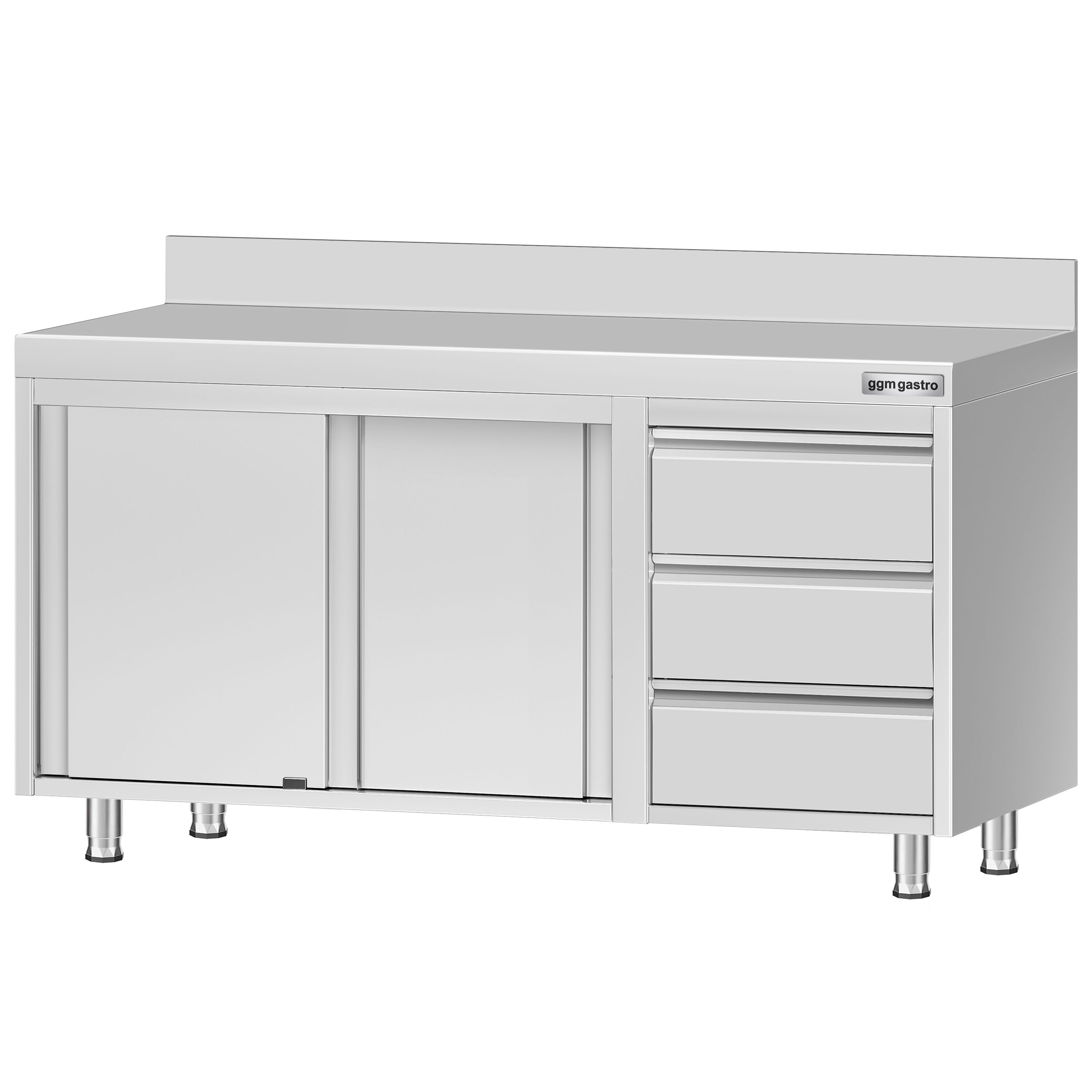 Table armoire en acier inoxydable ECO - 1400x600mm - avec 3 tiroirs à droite et portes coulissantes - avec dosseret