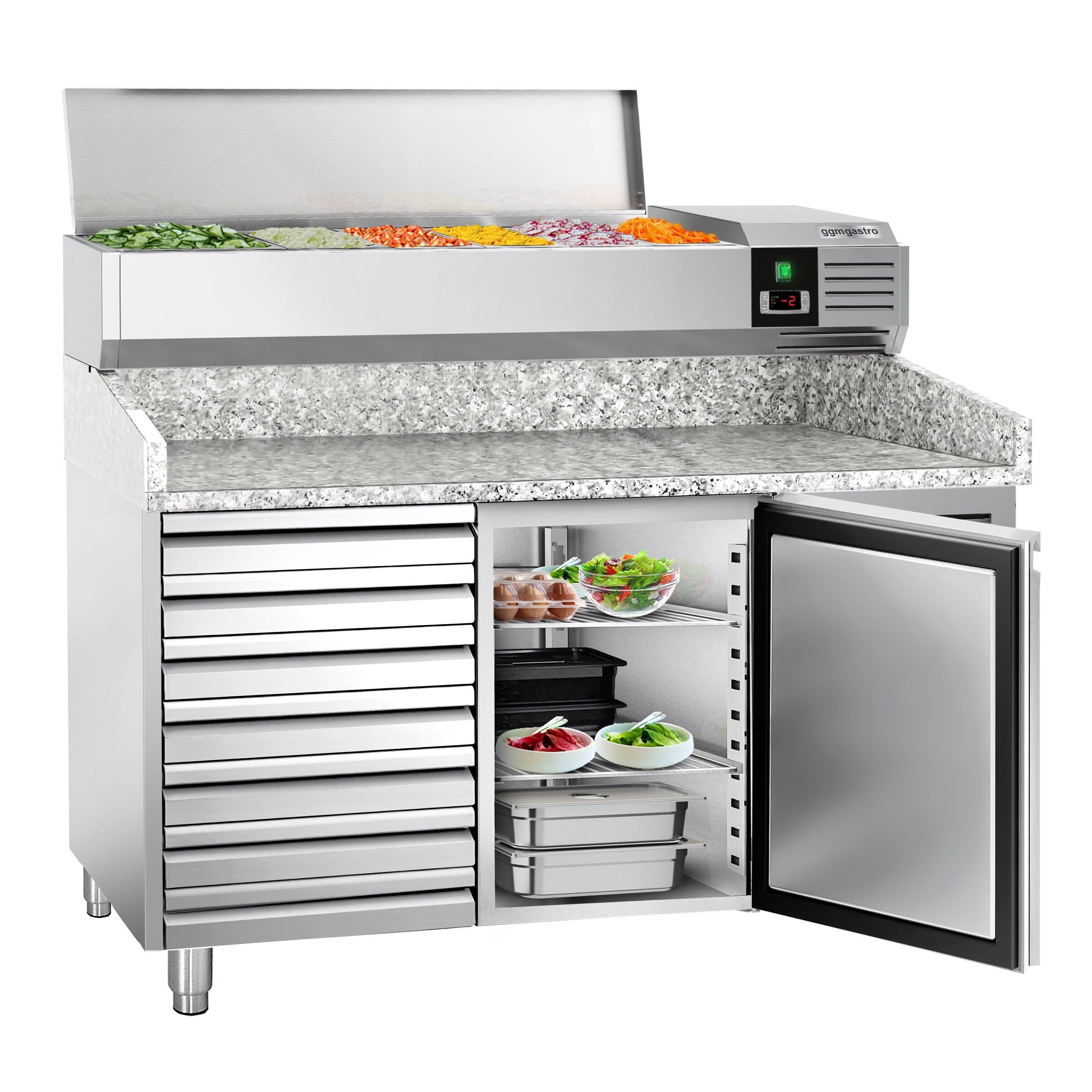 Table réfrigérée à pizza PREMIUM - 1500 x 800 mm - avec 1 porte et 7 tiroirs - incl. vitrine réfrigérée - 7 x GN 1/4