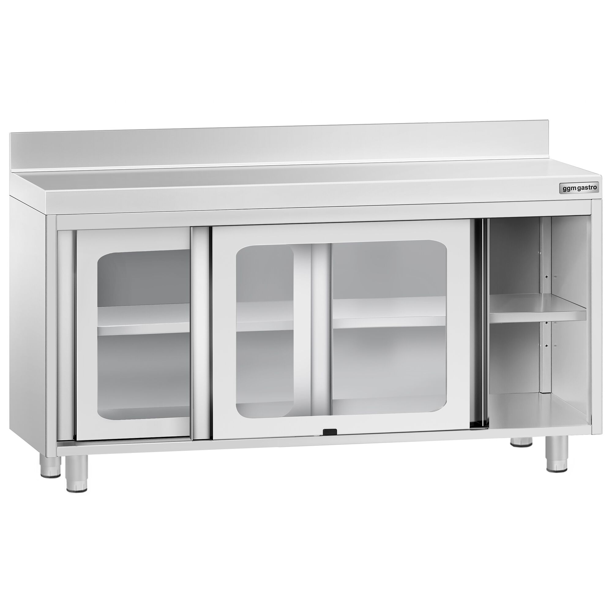 Table armoire en acier inoxydable PREMIUM - 1400x600mm - avec portes coulissantes vitrées - avec dosseret