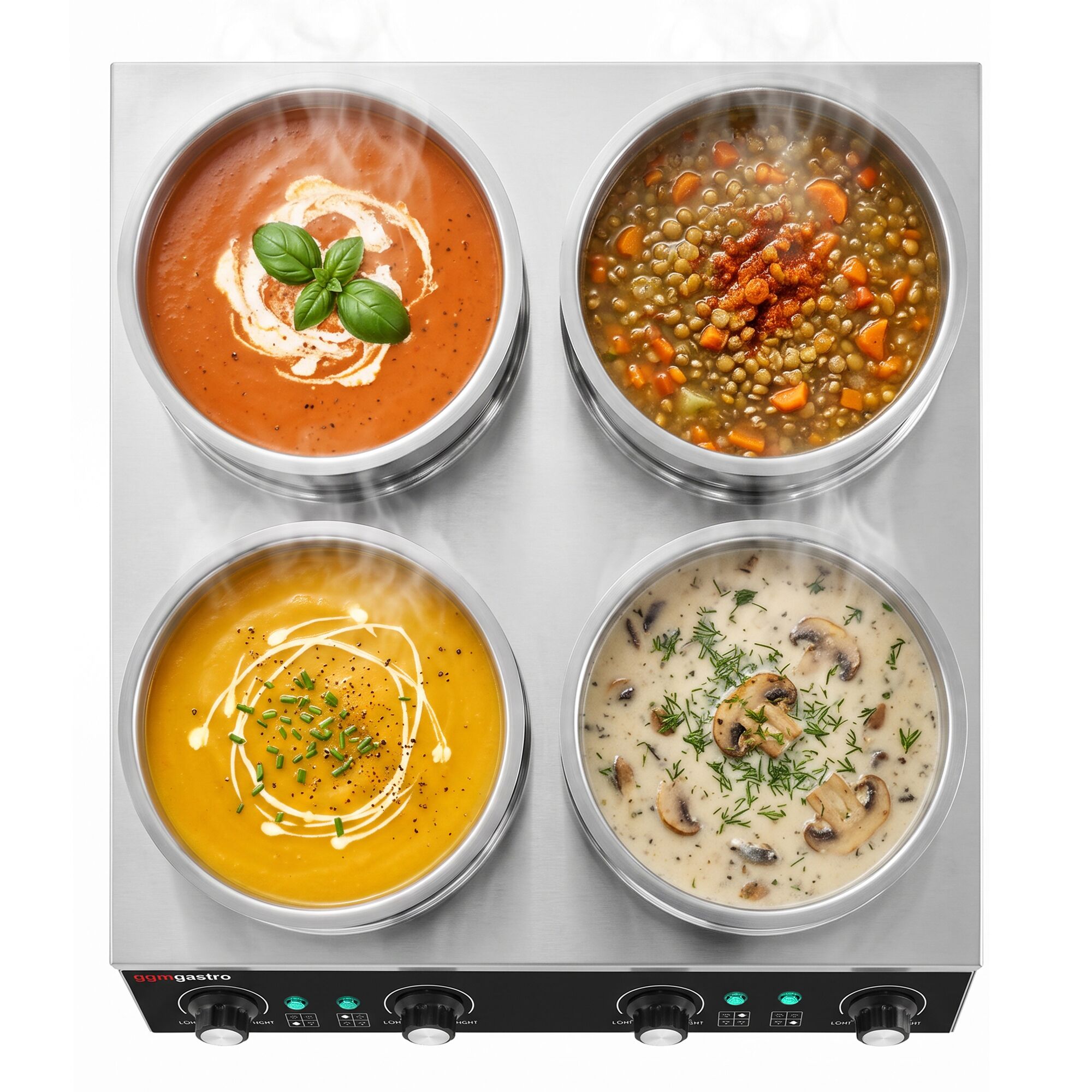 Commercial Bain Marie Soup & Sauce Warmer - Wet Heat - 14L - 600W - 4 Round Pots with each 3,5L