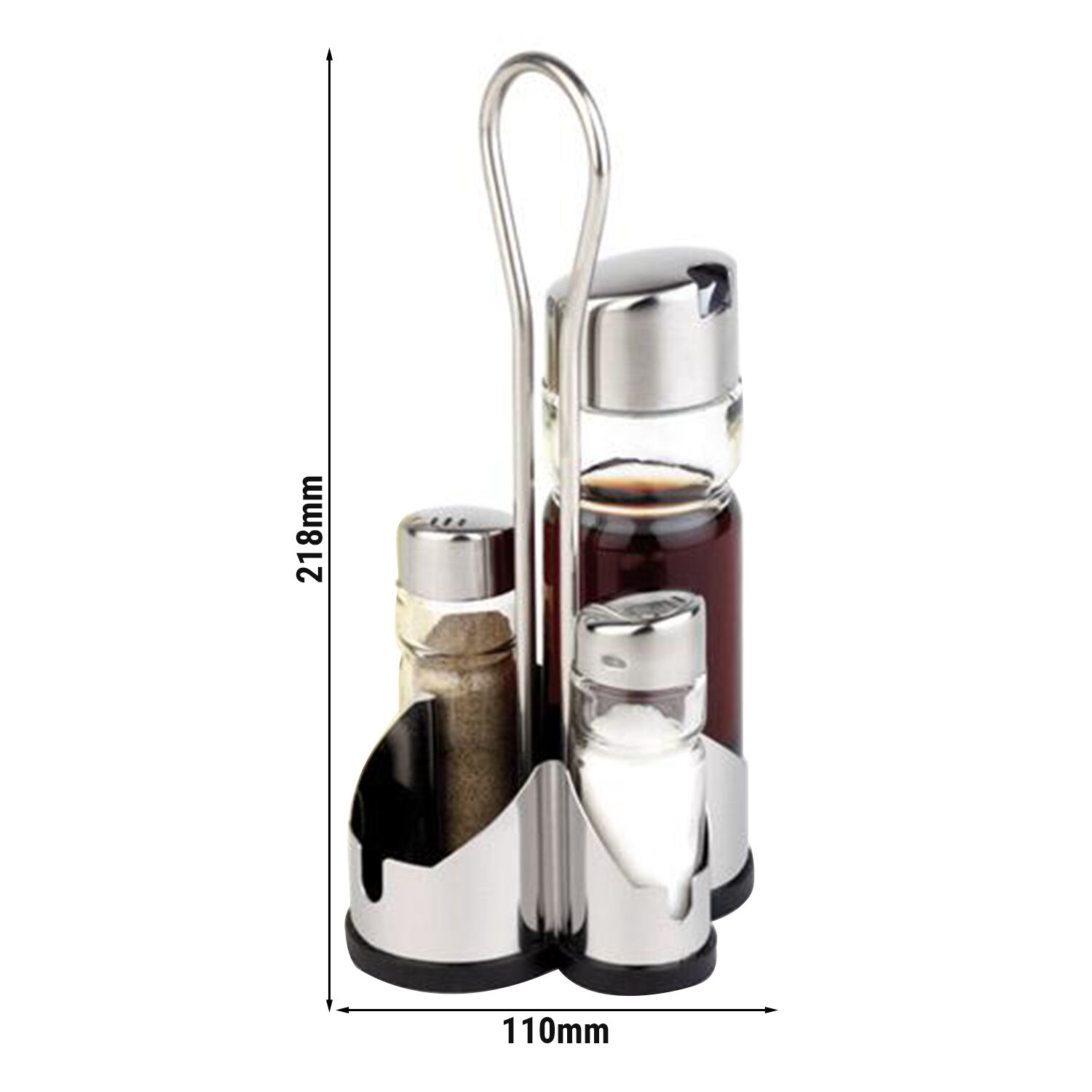(6 pcs) Complete Cruet Set ECONOMIC - 4-piece - Stainless steel stand - Glass; Stainless steel lids - with pourer spout included; drip-free - incl. 2 oil & vinegar bottles; 2 salt & pepper shakers; stand