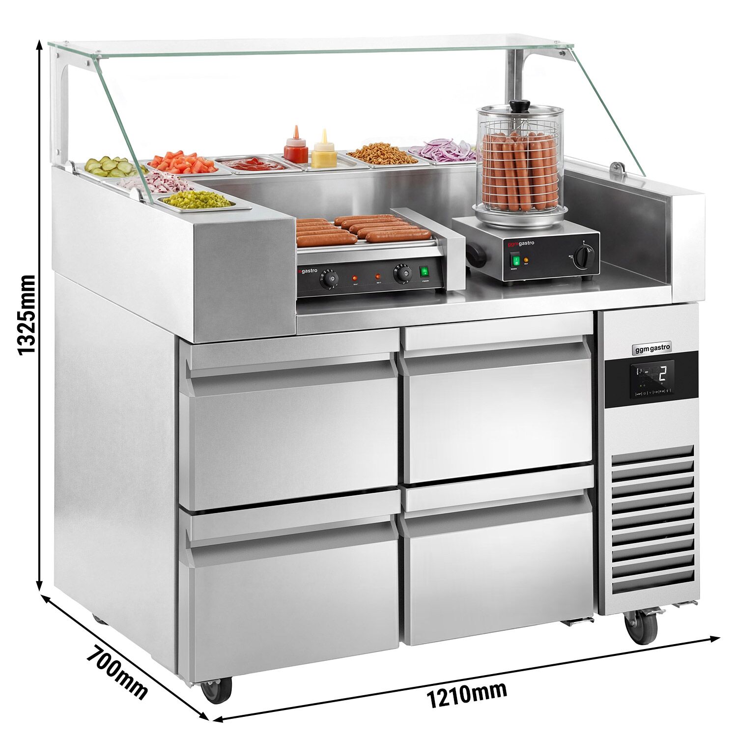 Saladette Kompakt - 1210x700 mm - glasöverdel - inbyggd kylränna - 4 lådor - för 9x GN 1/6 - inkl. Korvgrill/Hot dog‑grill & -värmare