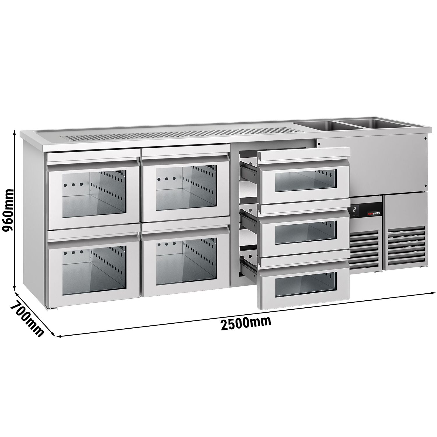 Comptoir de bar réfrigéré PREMIUM - 2500x700mm - 7 tiroirs en verre