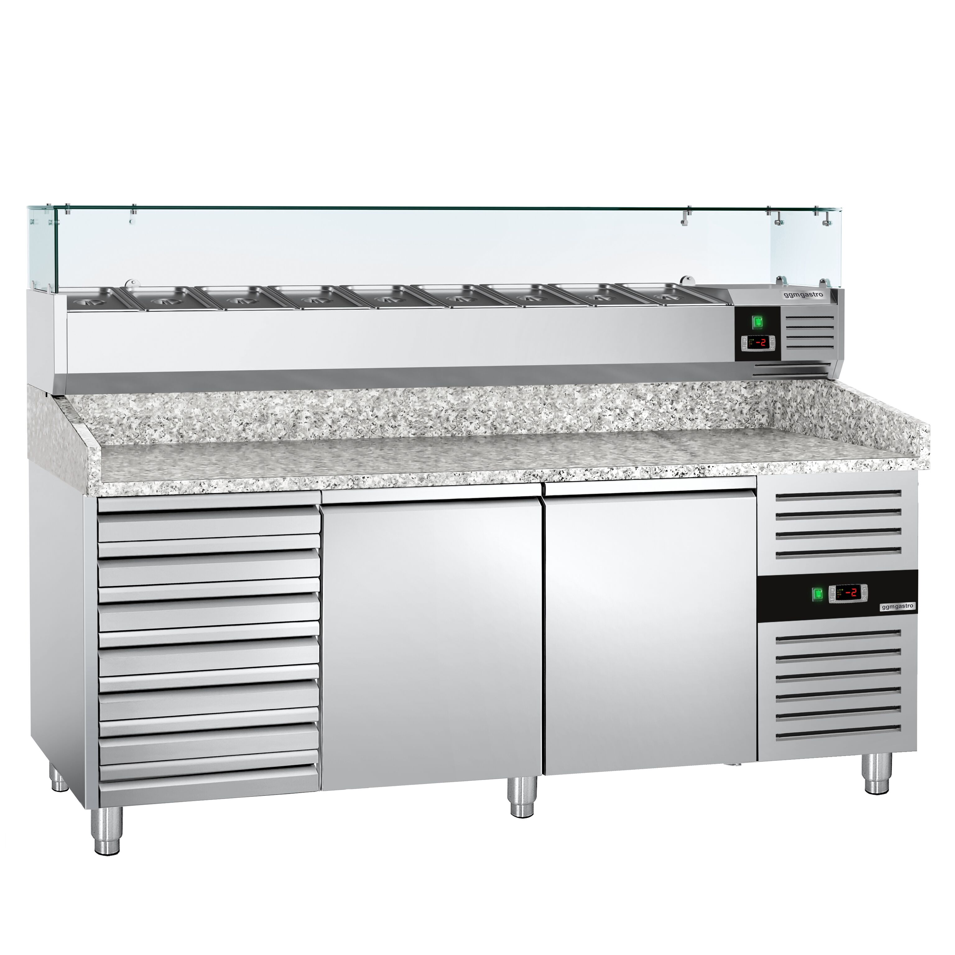 Table réfrigérée à pizza ECO - 2000 x 800 mm - avec 2 portes et 7 tiroirs - incl. vitrine réfrigérée - 10 x GN 1/4
