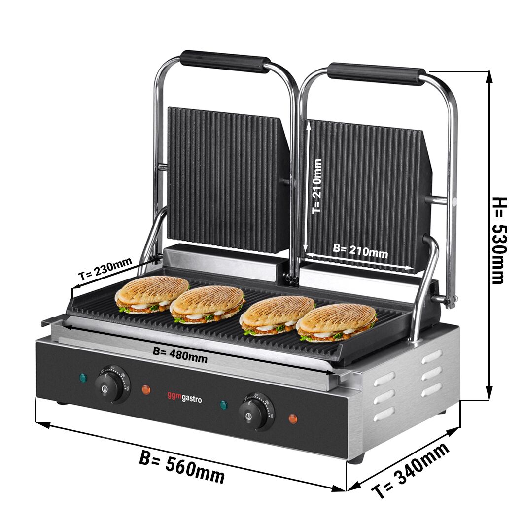 Commercial Contact Grill - Heavy Duty Panini Press - 3.6kW - plates: ribbed top & bottom - grill area: 480x230mm