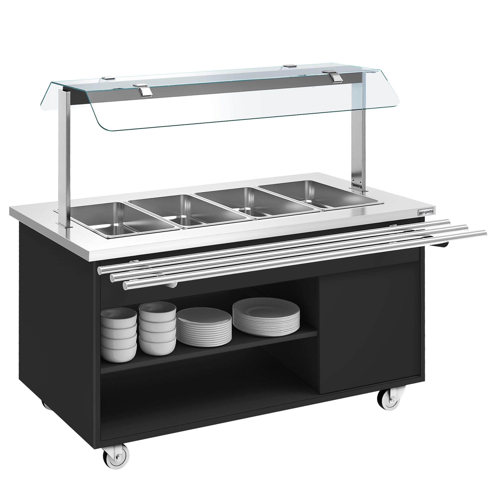 Buffet self-service chaud DANZIG - 1600mm - 4 bacs GN 1/1 - avec Glissière pour plateaux - Noir