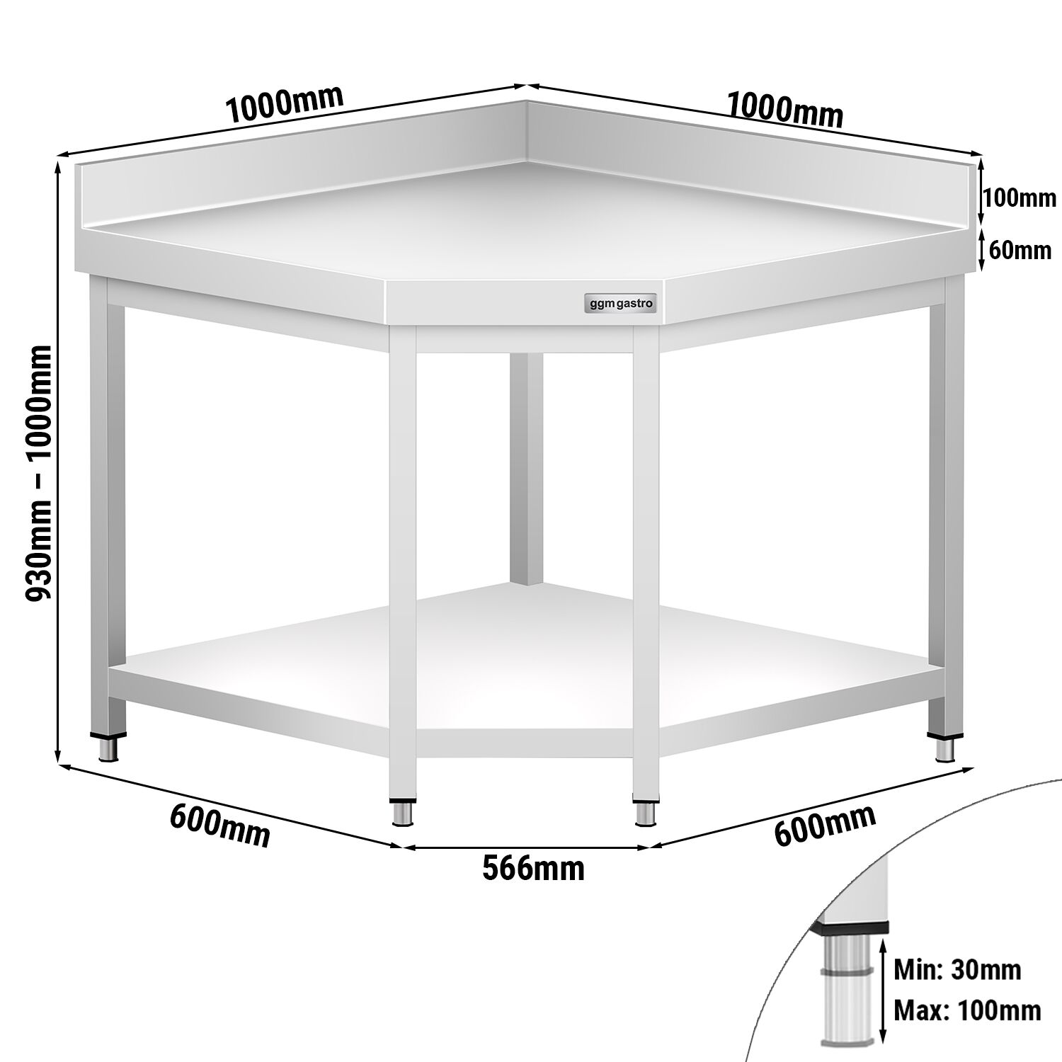 Table de travail en inox d’angle PREMIUM - 1000x600mm - avec étagère basse + dosseret arrière + étagère intermédiaire + traverses de renfort