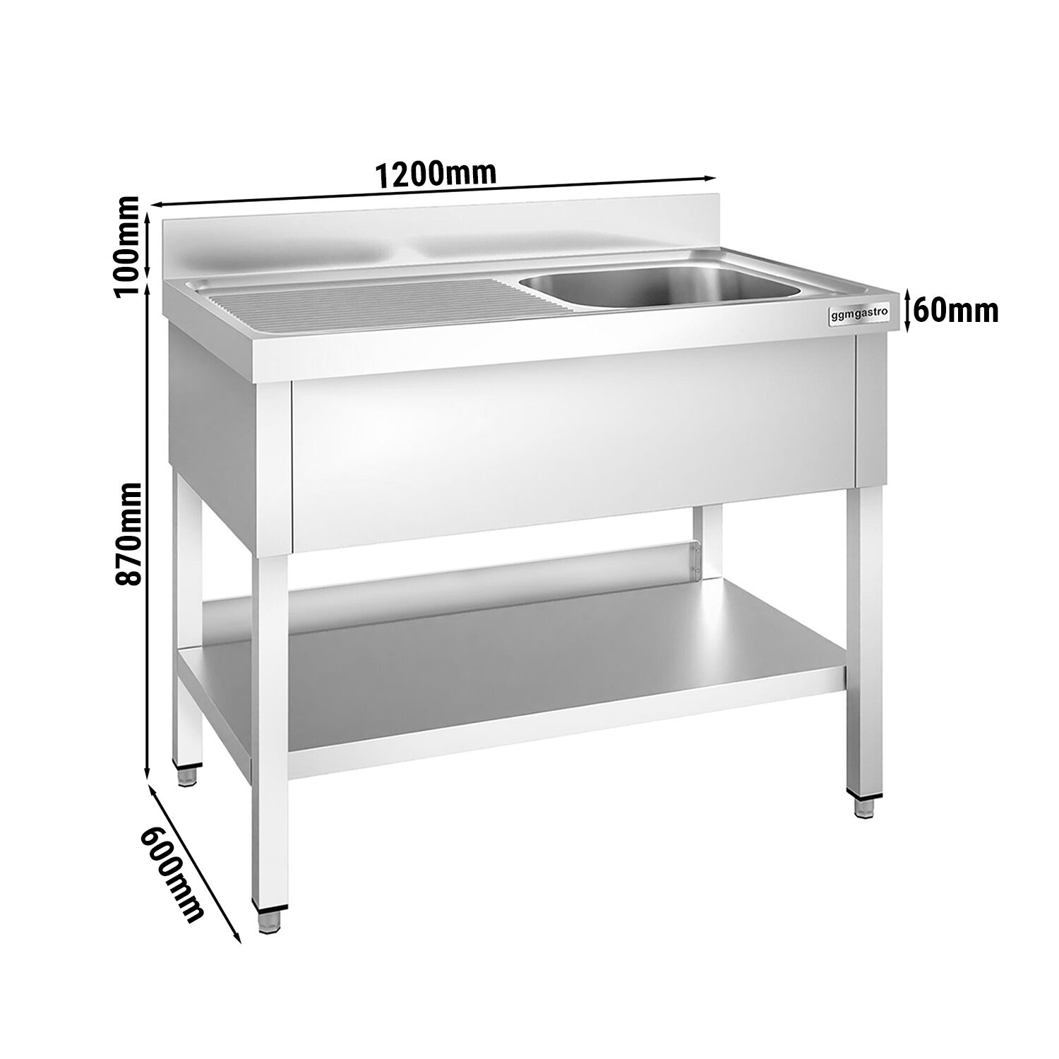 Plonge en inox PREMIUM - 1200x600mm - avec étagère basse - 1 bac à droite