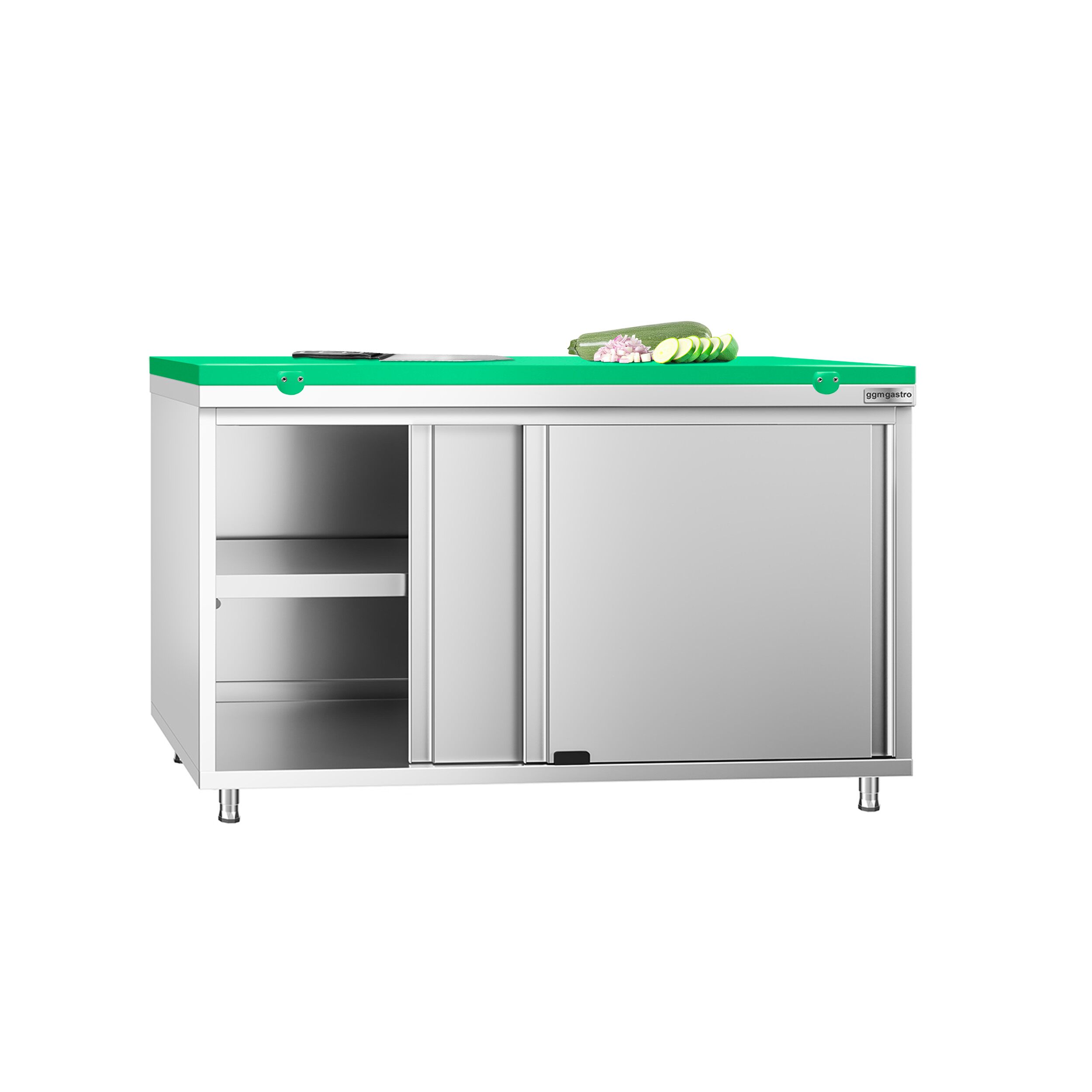Table armoire en acier inoxydable PREMIUM - 1400x700mm - avec portes coulissantes et étagère basse - pour fruits et légumes - incl. plateau de découpe Vert PEHD (HACCP)