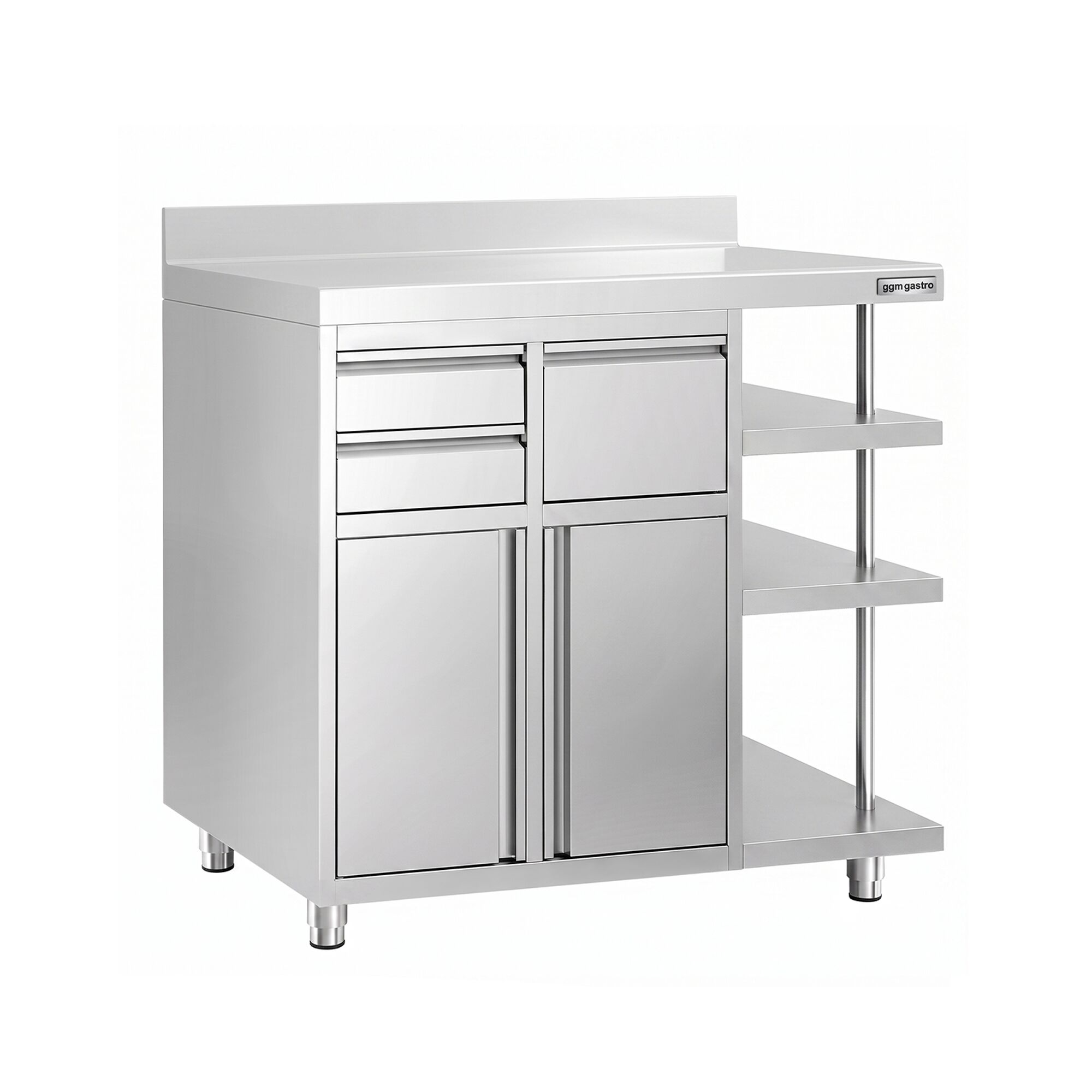 Arbetsskåp – för kaffebryggare – 1200 x 600 mm – med 2 svängdörrar, 2 lådor, avklappningsanordning, 3 hyllor och upphöjd kant