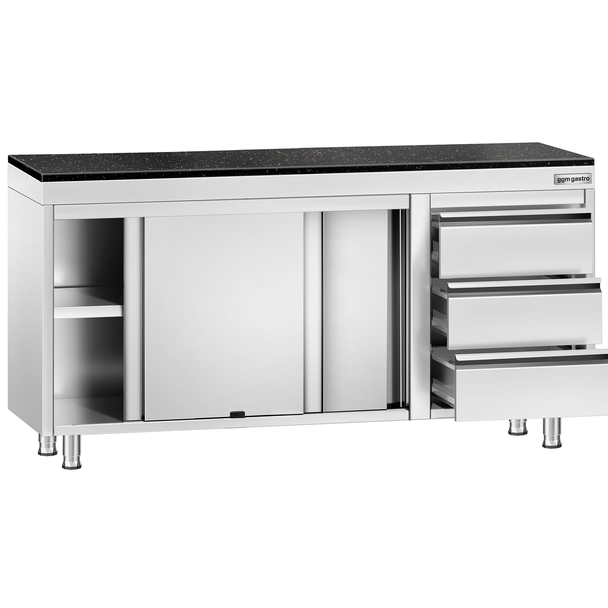 Edelstahl Arbeitsschrank PREMIUM - 1600x600mm - mit 3 Schubladen rechts - inkl. Granitarbeitsplatte