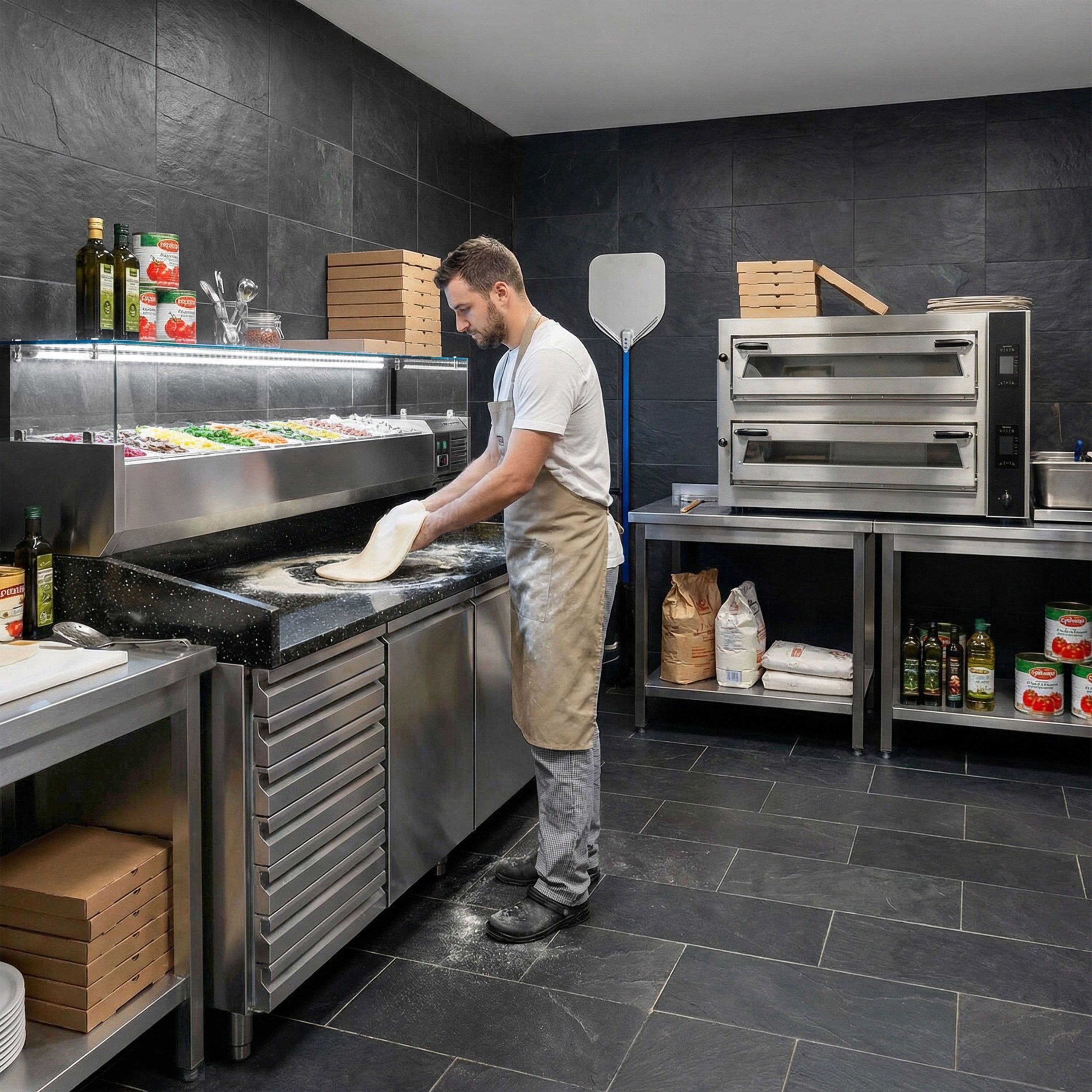 Table réfrigérée à pizza PREMIUM - 2000x800 mm - avec 2 portes & 7 tiroirs - incl. vitrine réfrigérée LED - 10x GN 1/4