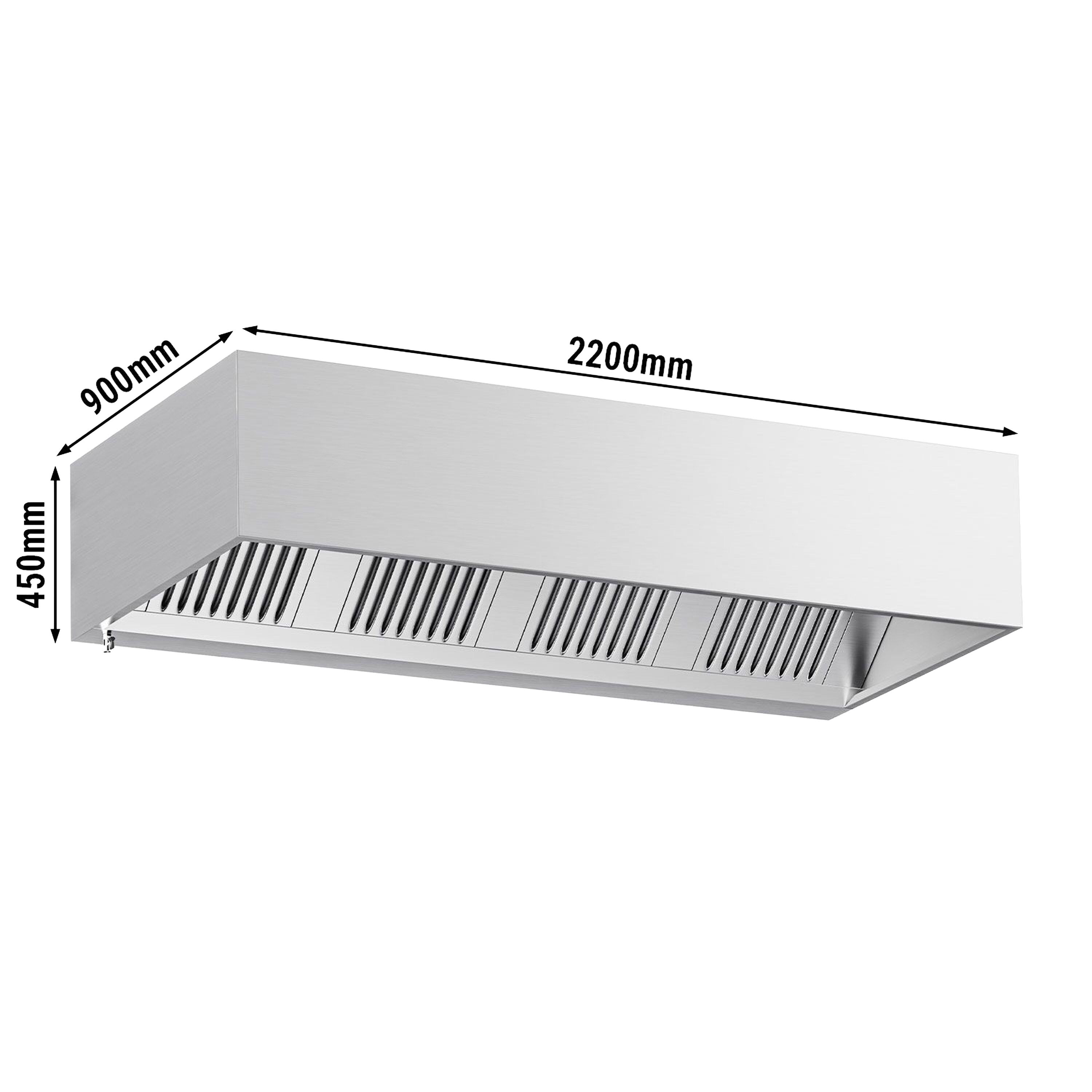 Hotte à adosser professionnelle - Profondeur 900 - 2200mm - sans moteur - avec filtres et éclairage