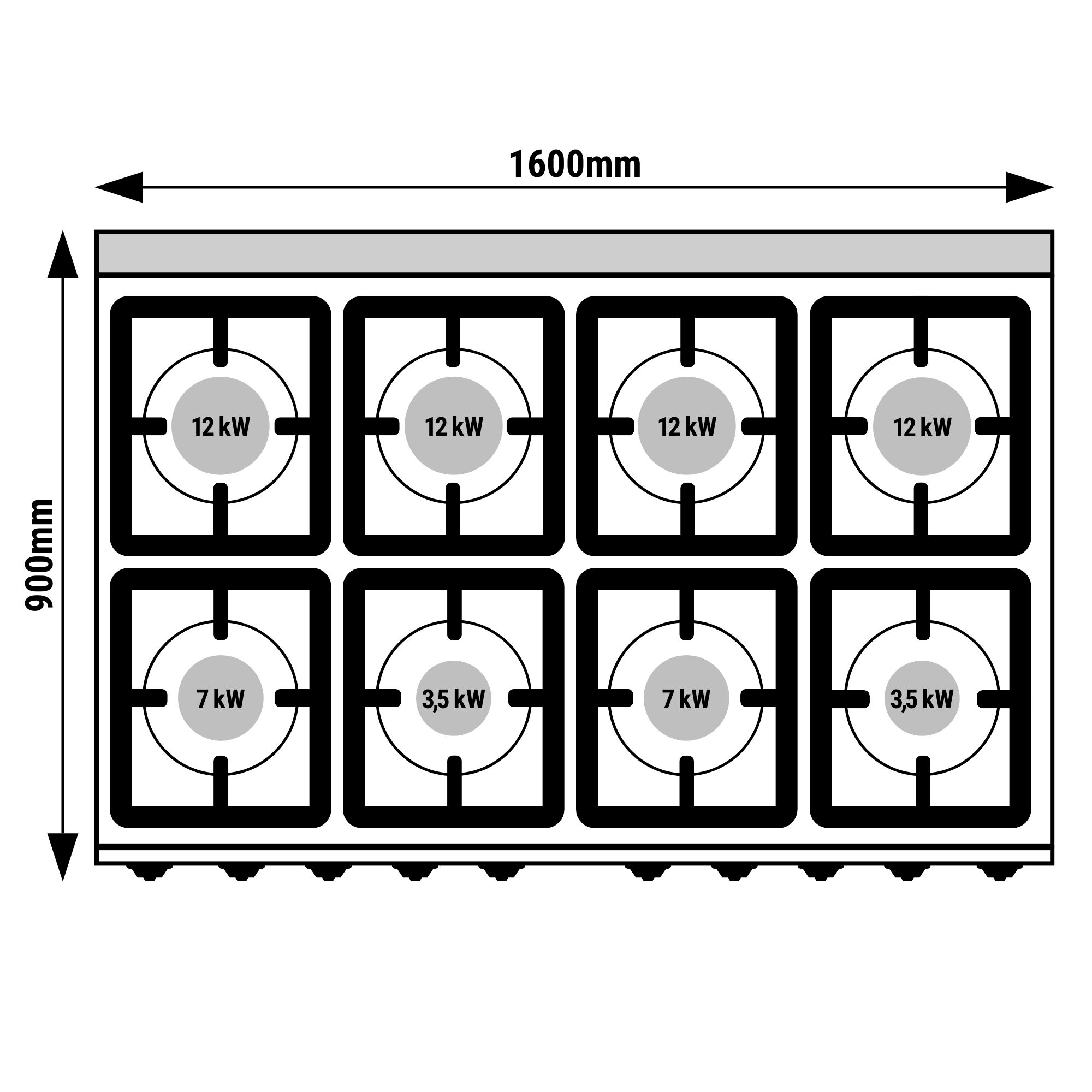 Fourneau à gaz – 69 kW – 8 brûleurs – avec 2 fours à gaz – 2 × 7,6 kW