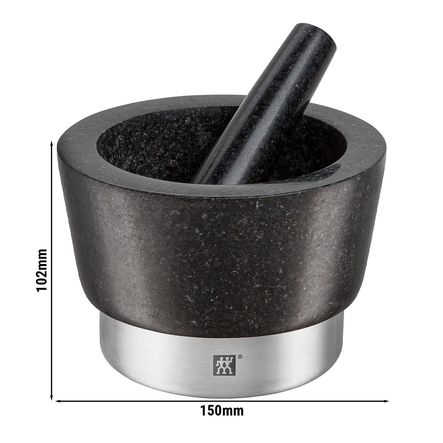 (2 pieces) ZWILLING | Granite Mortar & Pestle Ø150 mm – Non-slip Feet - 18/10 Stainless Ring - Black